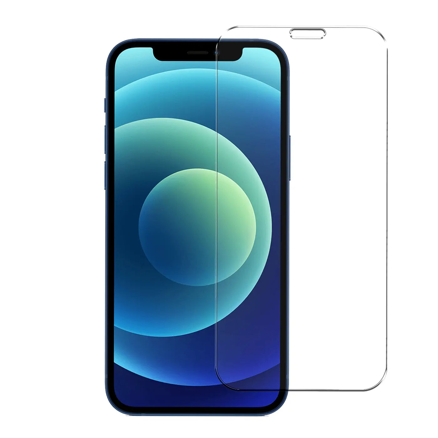 Blaues iPhone 12 Mini mit teilweisem Panzerglas-Displayschutz und zweitem, unangebrachtem Schutz rechts daneben.