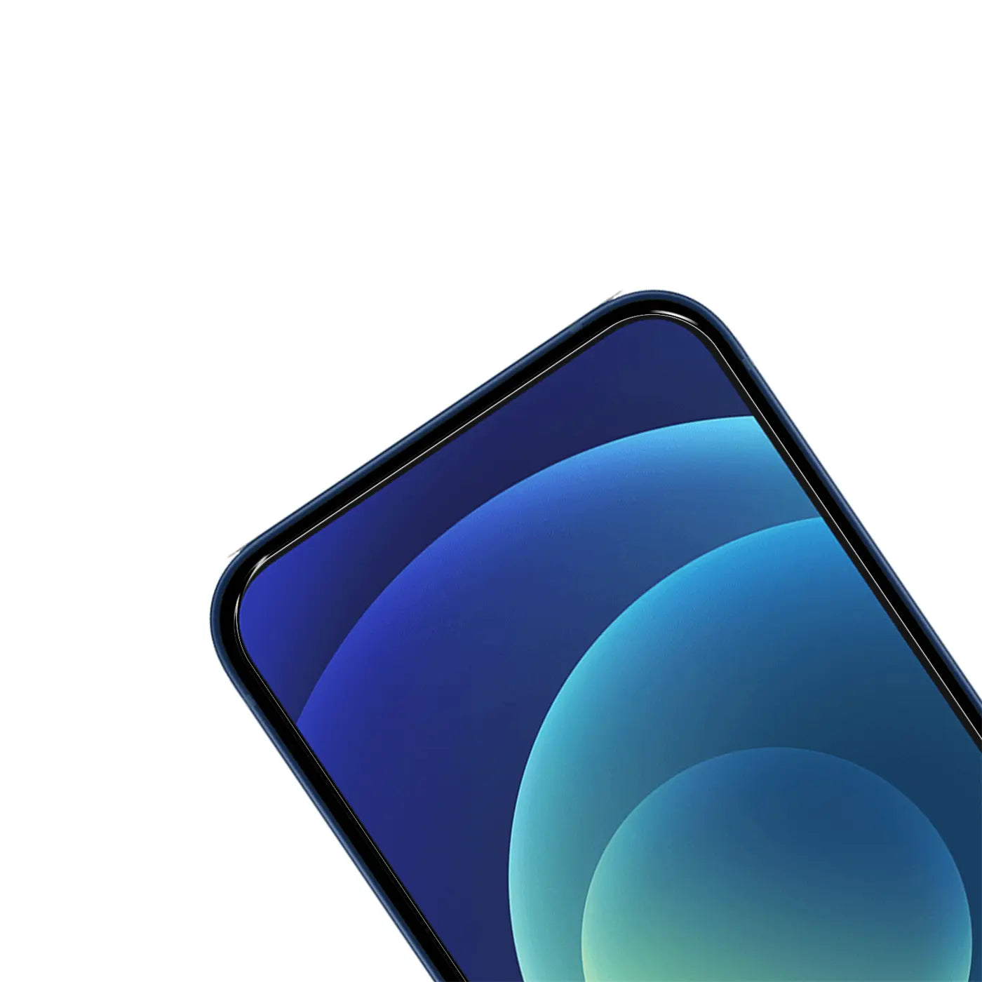 Nahaufnahme eines iPhone 12 Mini mit blauem Display und schwarzem Rahmen, schräg von oben rechts.
