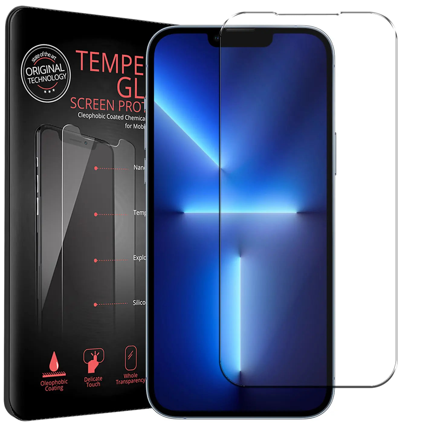 Schwarze Verpackung mit "TEMPERED GLASS" und iPhone 13/13 Pro mit angebrachtem Panzerglas, daneben ein weiteres.