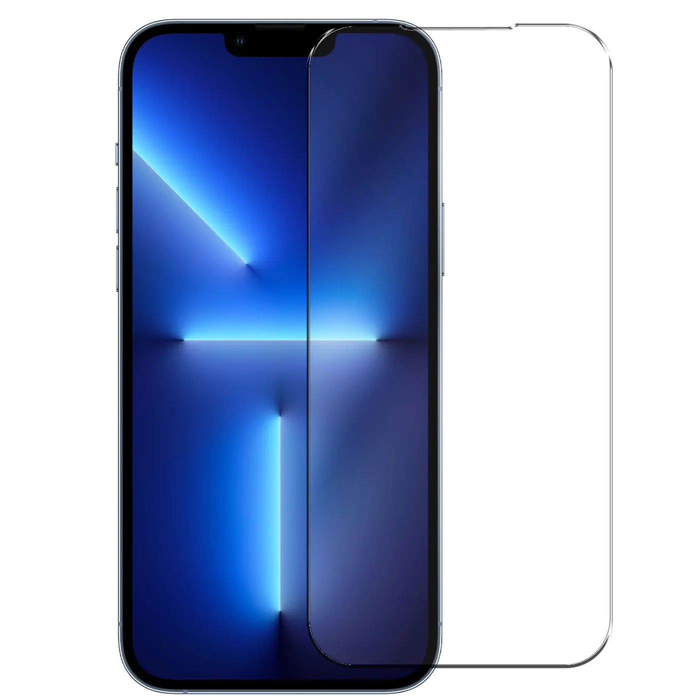 iPhone 13/13 Pro mit halb aufgelegtem, transparentem Panzerglas Displayschutz (9H) von vorne.