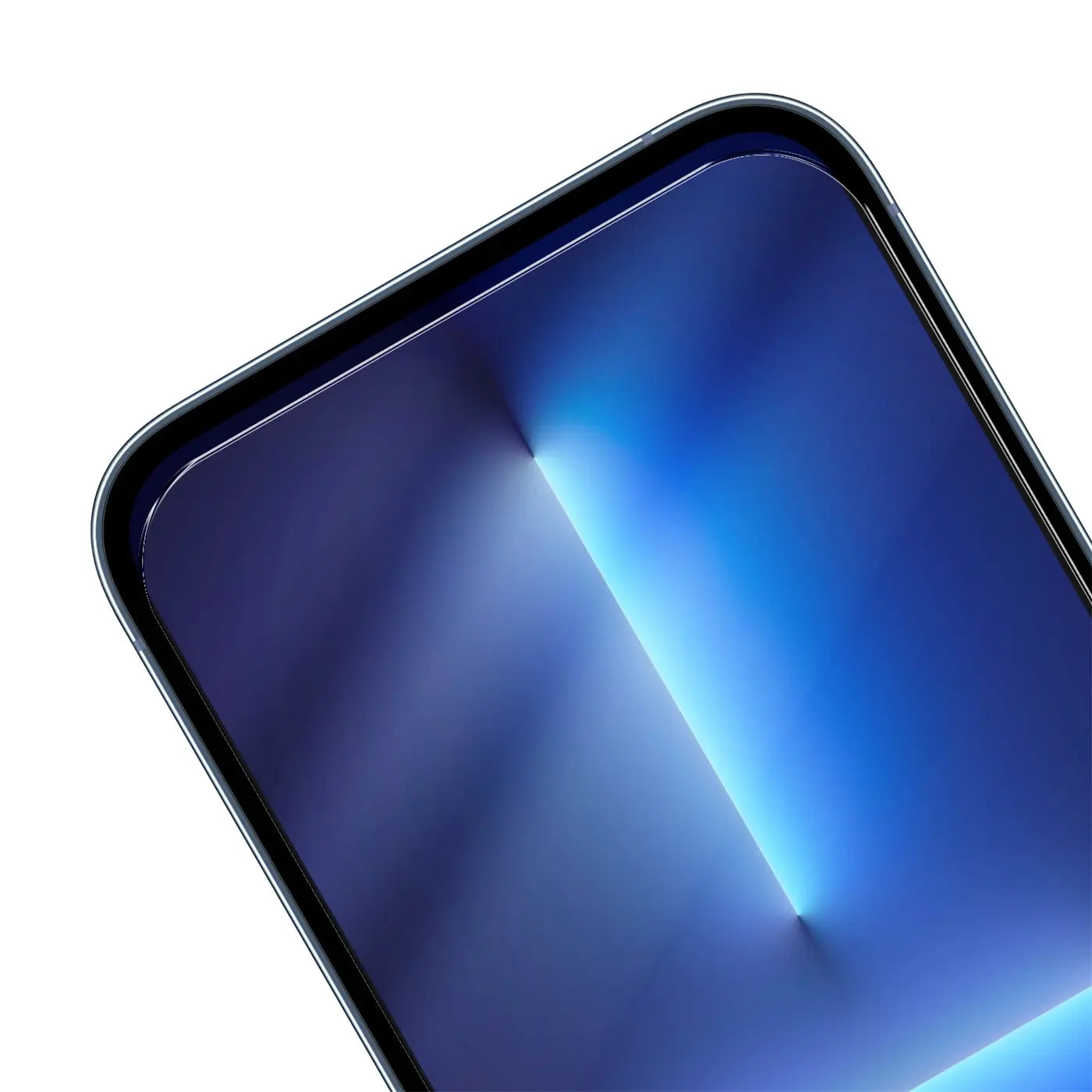 Nahaufnahme des oberen linken Bereichs eines iPhone 13/13 Pro mit blauem Display und aufgebrachtem Panzerglas.