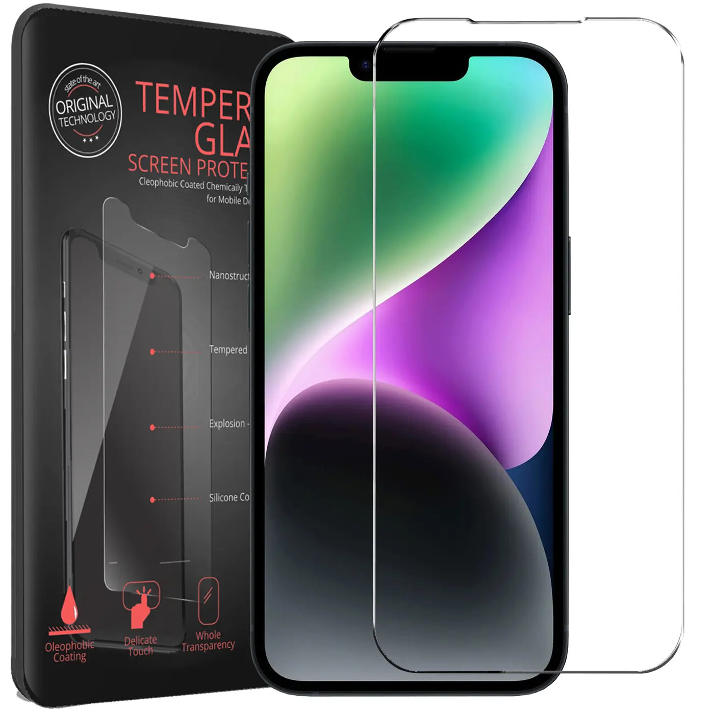 Schwarze Verpackung mit Panzerglas-Details, daneben ein iPhone 14 mit aufgelegtem, transparentem Panzerglas.
