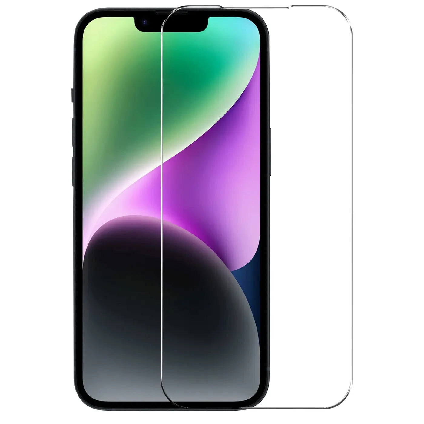 Klares Panzerglas für iPhone 14 Plus Displayschutz, schräg von vorne auf schwarzem Smartphone liegend.