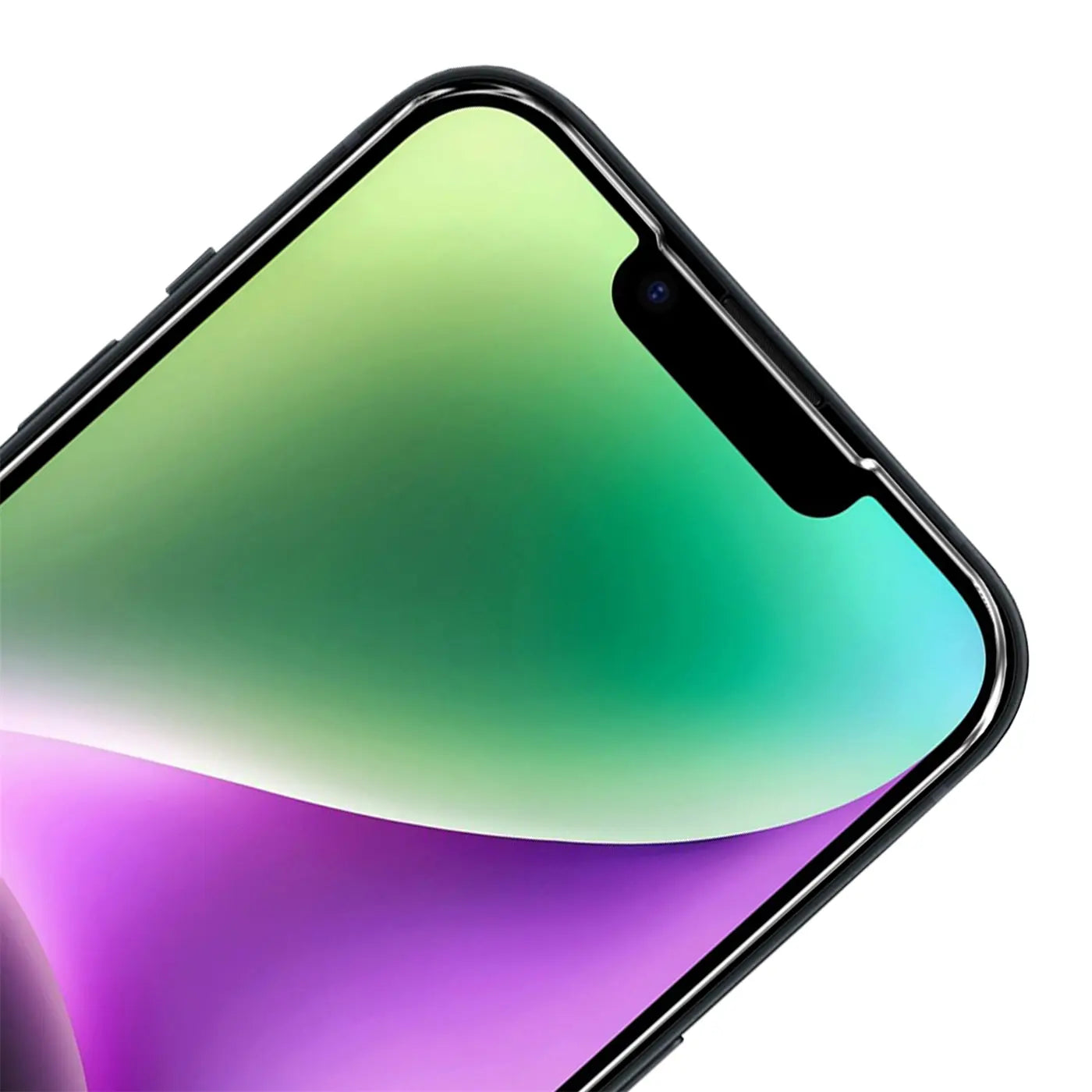Nahaufnahme des oberen rechten Bereichs eines schwarzen iPhone 14 Plus mit Panzerglas-Displayschutz und Dynamic Island.