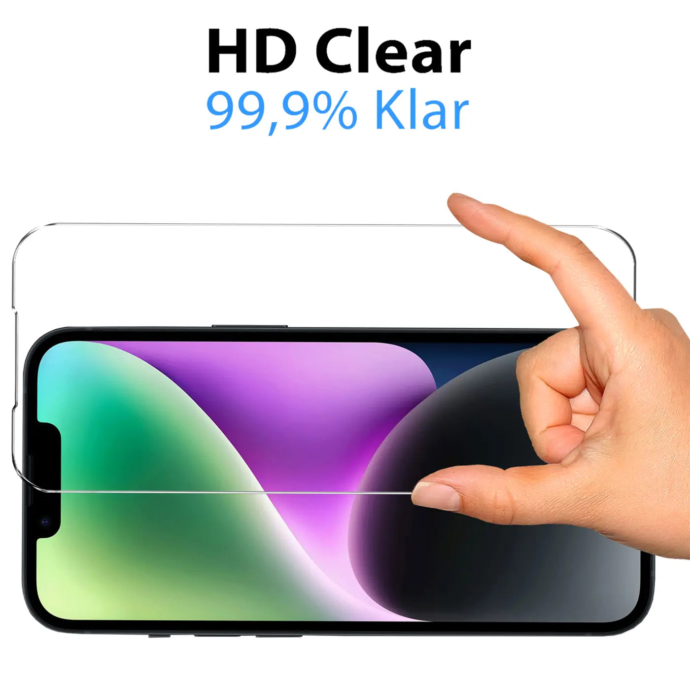 Hand hält transparentes Panzerglas über einem schwarzen iPhone 14 Plus mit lila-grünem Display, von vorne.