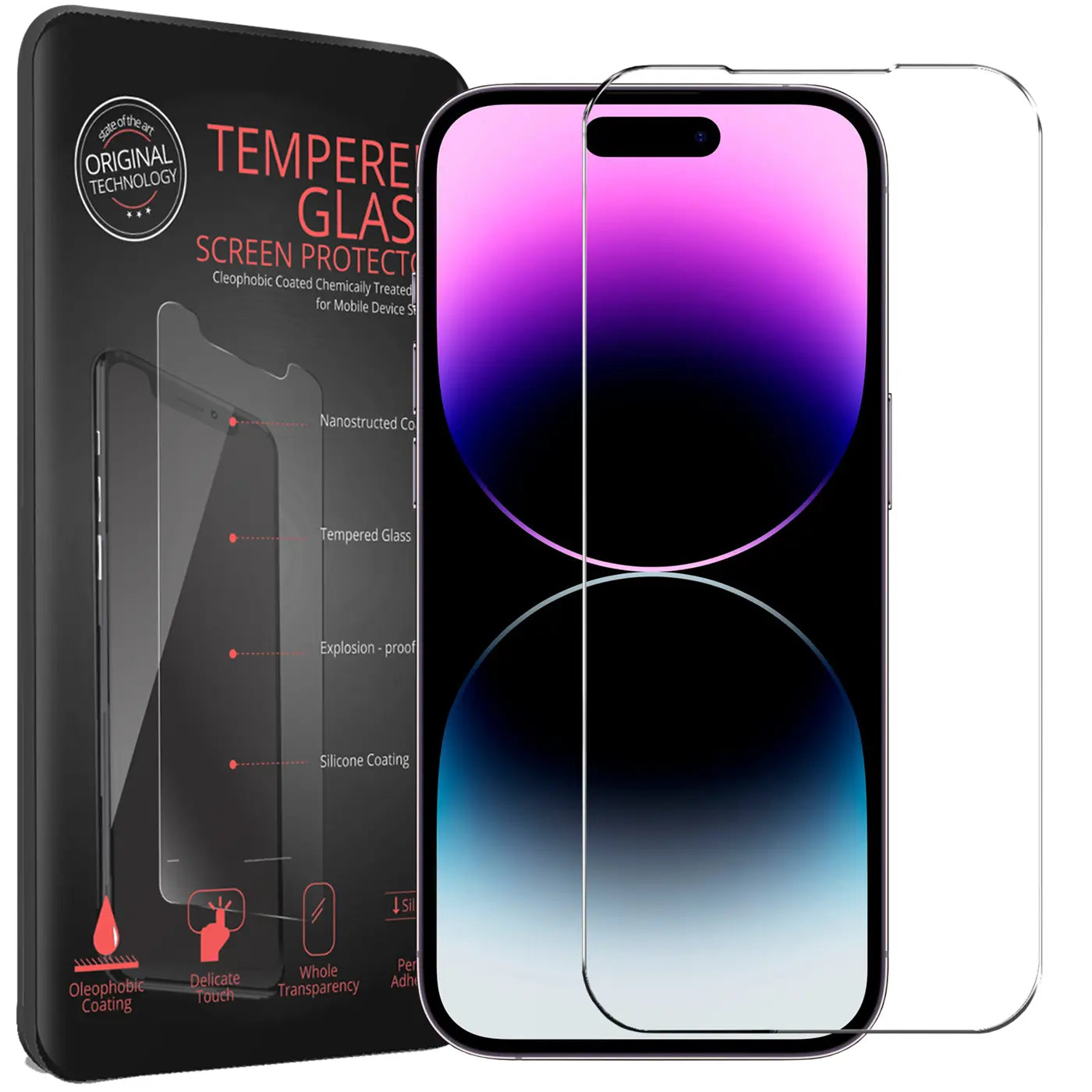 Schwarze Verpackung mit "Tempered Glass" Schriftzug, daneben ein iPhone 14 Pro Max mit aufgelegtem Panzerglas.