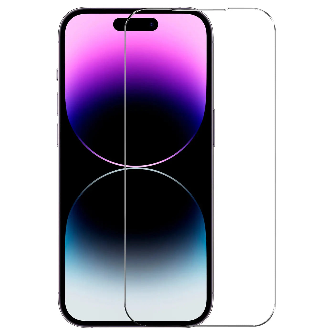 Vorderansicht eines iPhone 14 Pro Max mit einem transparenten Panzerglas-Displayschutz, daneben ein zweiter Schutz.