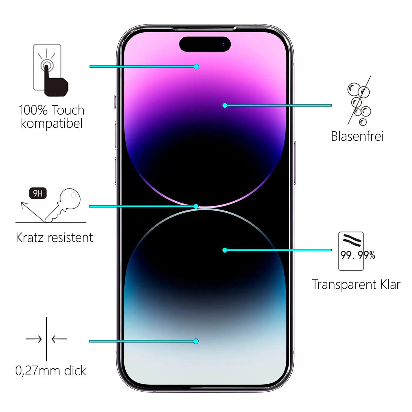iPhone 14 Pro Max mit lila/blauem Display, frontal, umgeben von Text und Icons zu Displayschutz-Eigenschaften.
