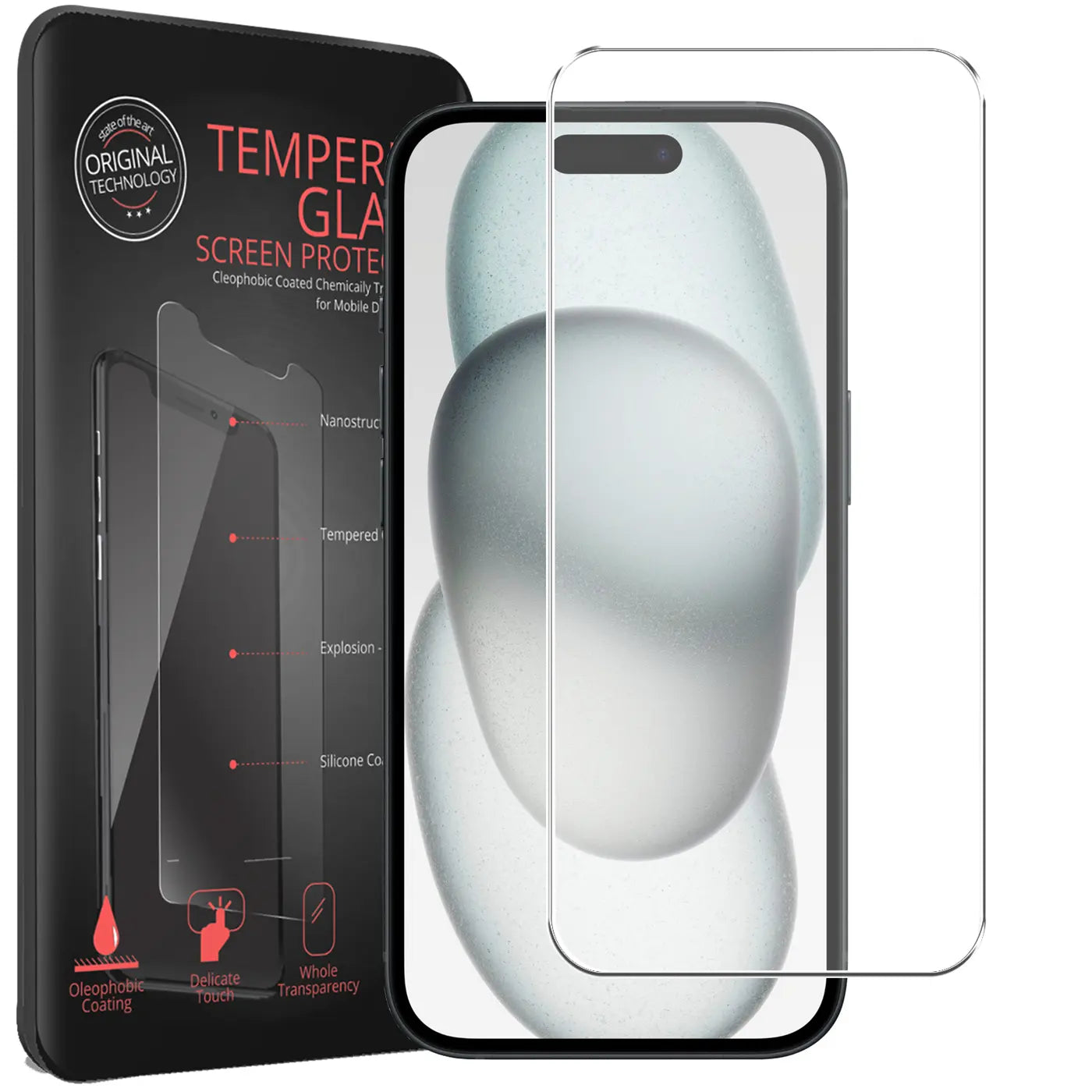 Schwarze Verpackung mit transparentem Panzerglas für iPhone 15 Plus. Das Glas liegt auf dem Display.