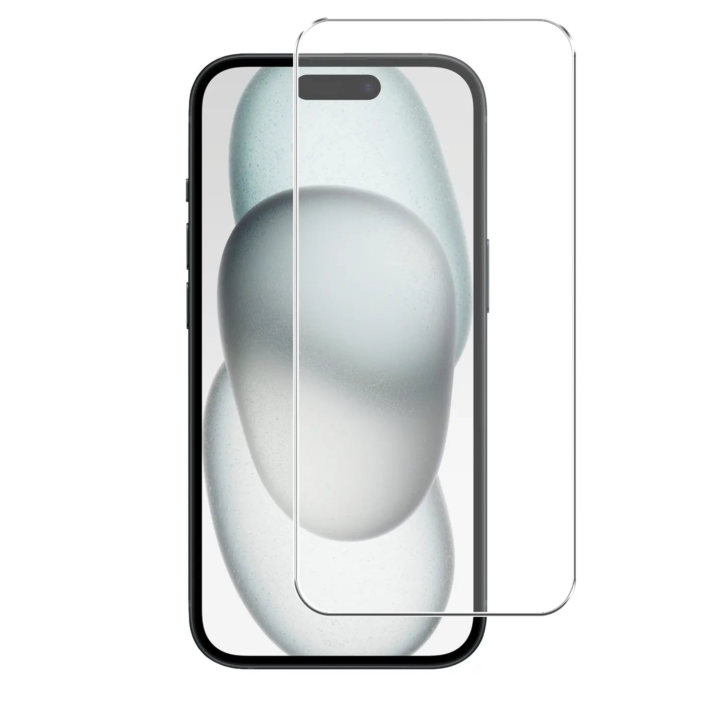 Schwarzes iPhone 15 Plus von vorne mit transparentem Panzerglas-Displayschutz, leicht rechts versetzt.