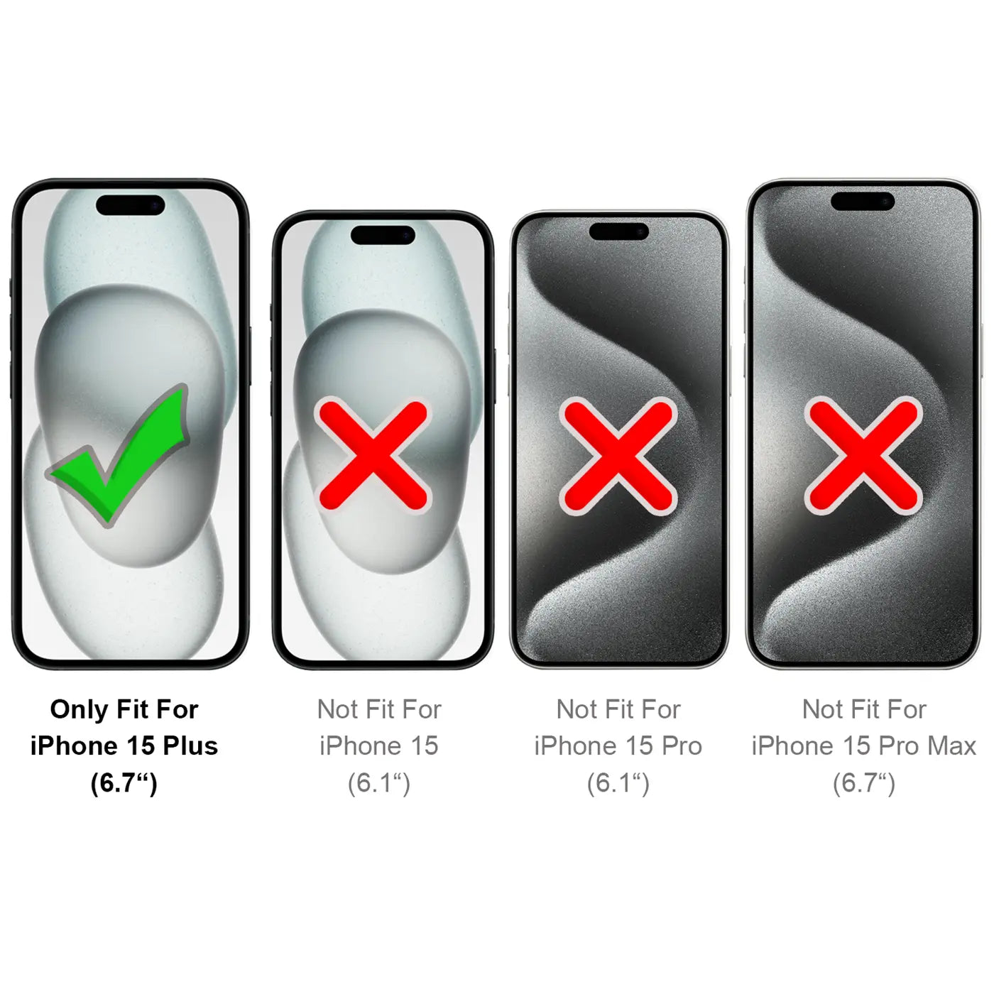 Vier schwarze iPhone-Modelle von vorne, das erste mit grünem Haken, die anderen drei mit rotem X.