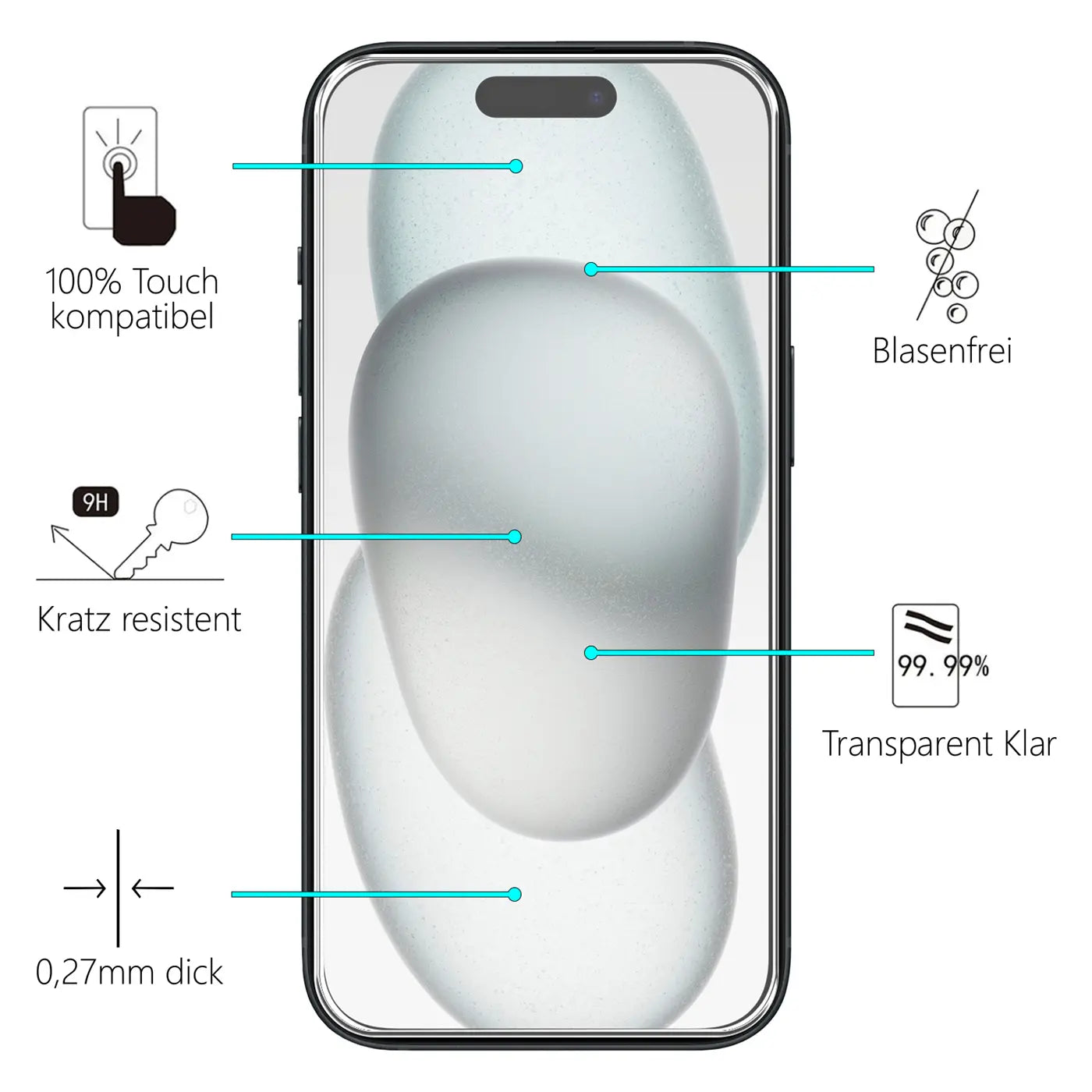 iPhone 15 Plus mit transparentem Panzerglas-Displayschutz, Frontansicht. Eigenschaften wie Kratzfestigkeit und Dicke sind.
