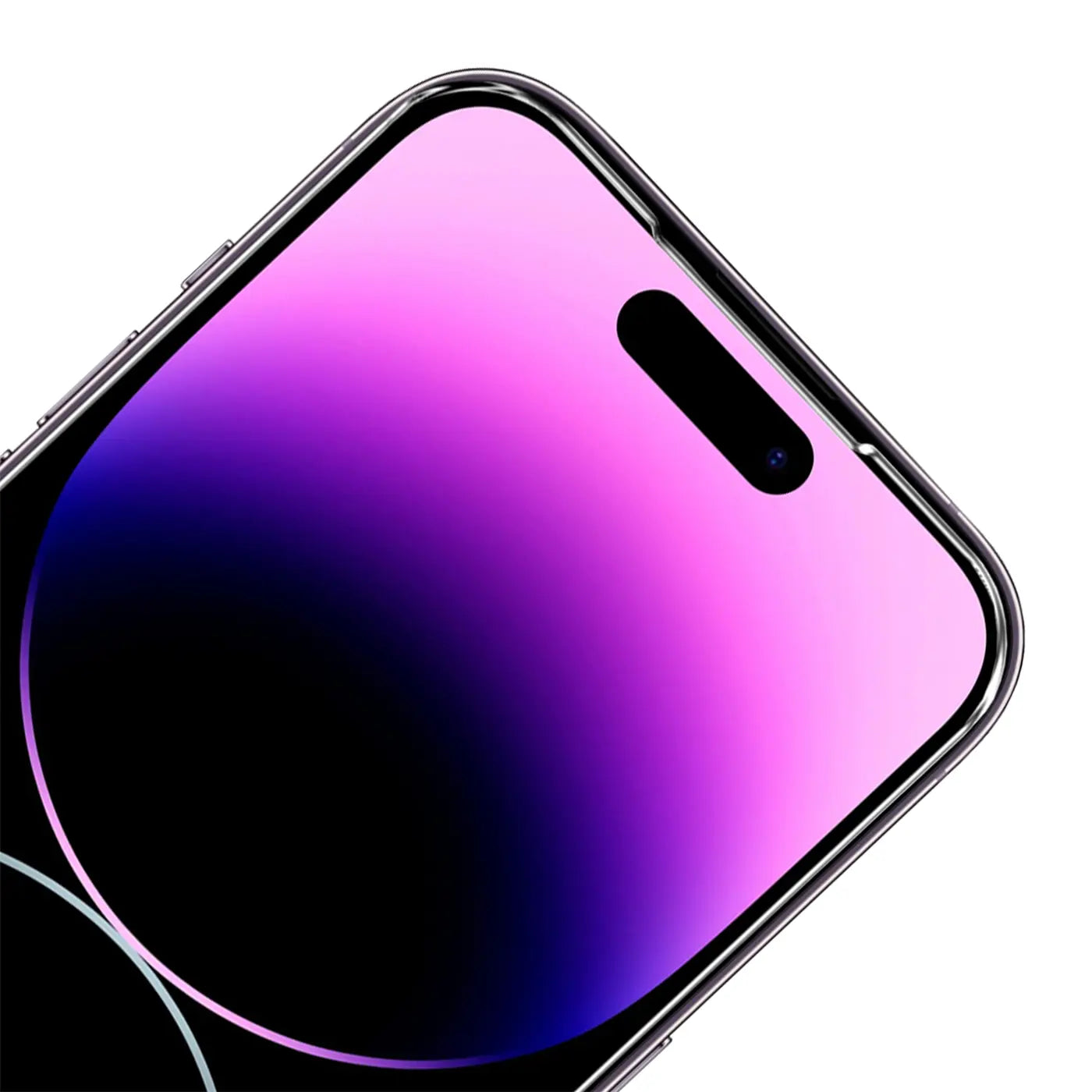 Nahaufnahme eines iPhone 15 Plus Displays mit violettem Hintergrund, von oben rechts schräg. Panzerglas ist sichtbar.
