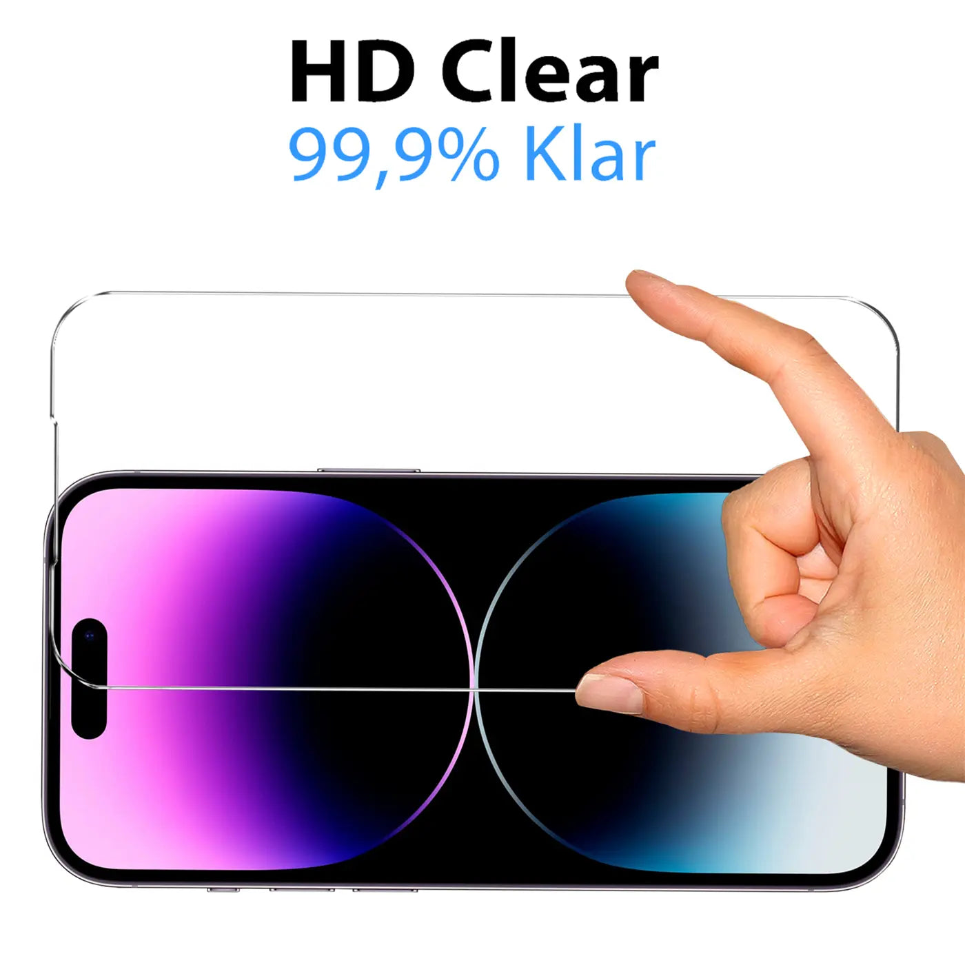 Transparenter Panzerglas-Displayschutz auf einem iPhone 15 Plus, von vorne gesehen, mit einer Hand, die ihn hält.