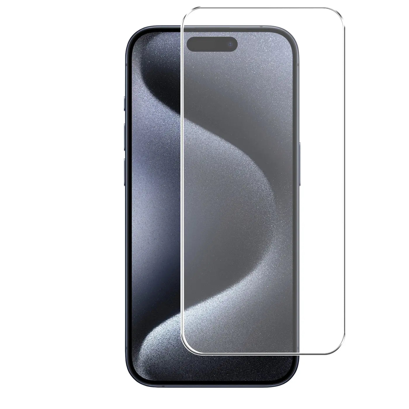 Dunkelblaues iPhone 15 Pro mit transparentem Panzerglas-Displayschutz von vorne, leicht schräg von oben.