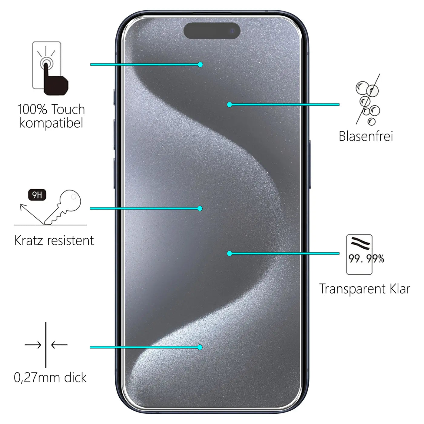 iPhone 15 Pro mit grauem Panzerglas-Displayschutz von vorne, umgeben von Icons und Texten zu Eigenschaften.
