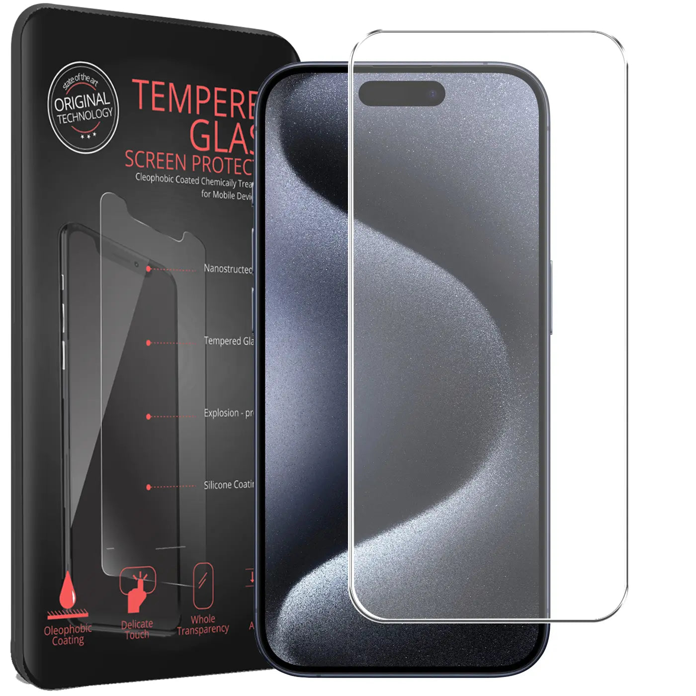 Schwarze Verpackung mit Panzerglas-Details, daneben ein iPhone 15 Pro Max mit transparentem Panzerglas.