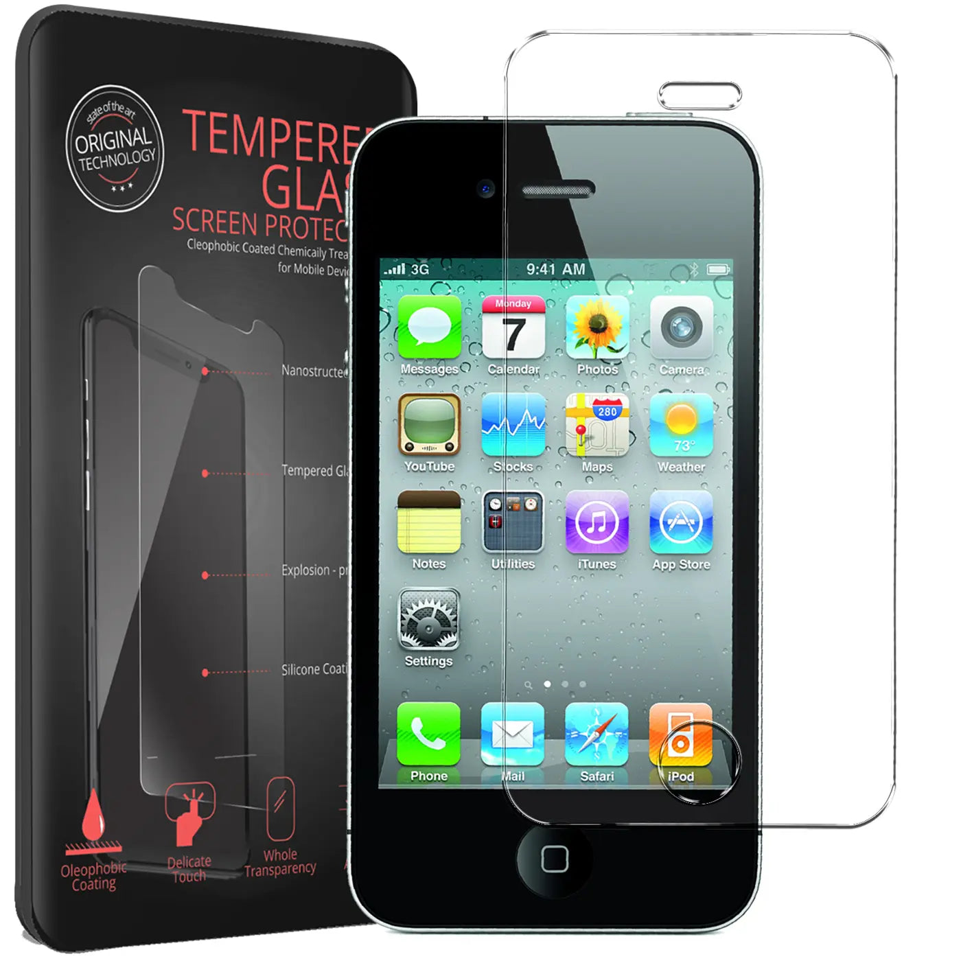 Schwarzes iPhone 4/4S von vorne mit Display und Icons, daneben Verpackung und ein transparentes Panzerglas.