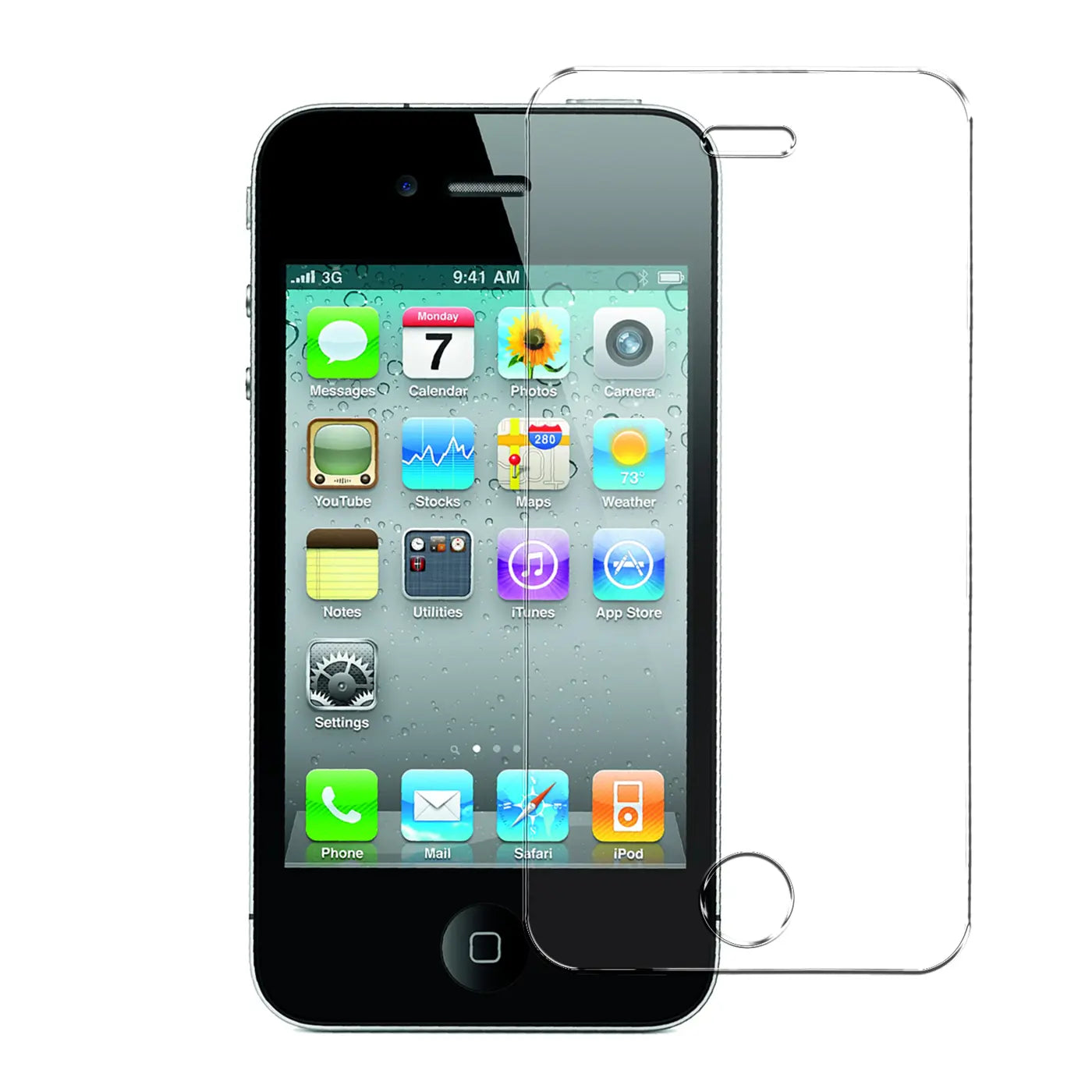 Schwarzes iPhone 4/4S mit Display-Apps, von vorne gesehen, daneben ein klarer Panzerglas-Displayschutz.