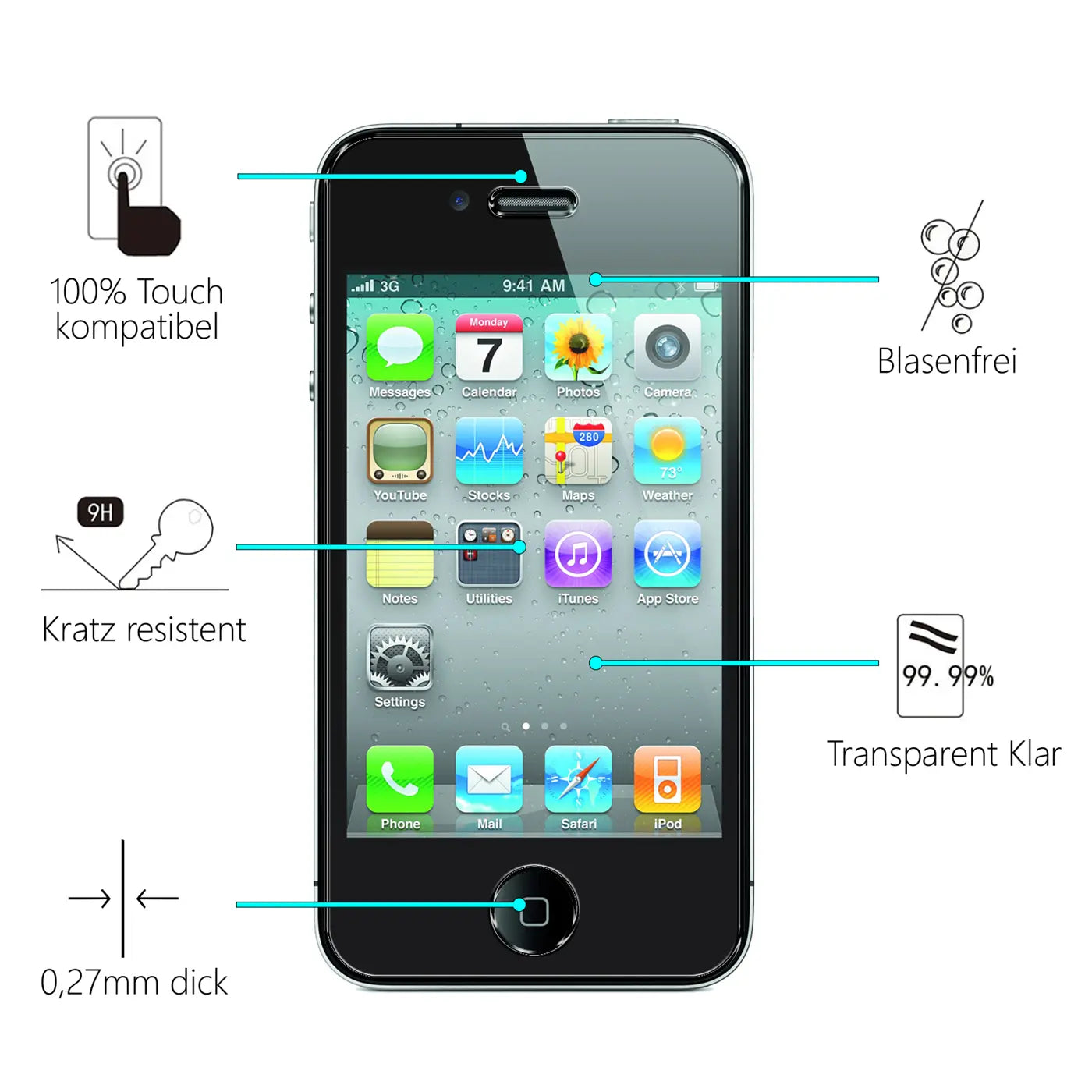 Schwarzes iPhone 4/4S von vorne mit Display und Icons, umgeben von Infografiken zu Panzerglas-Eigenschaften.