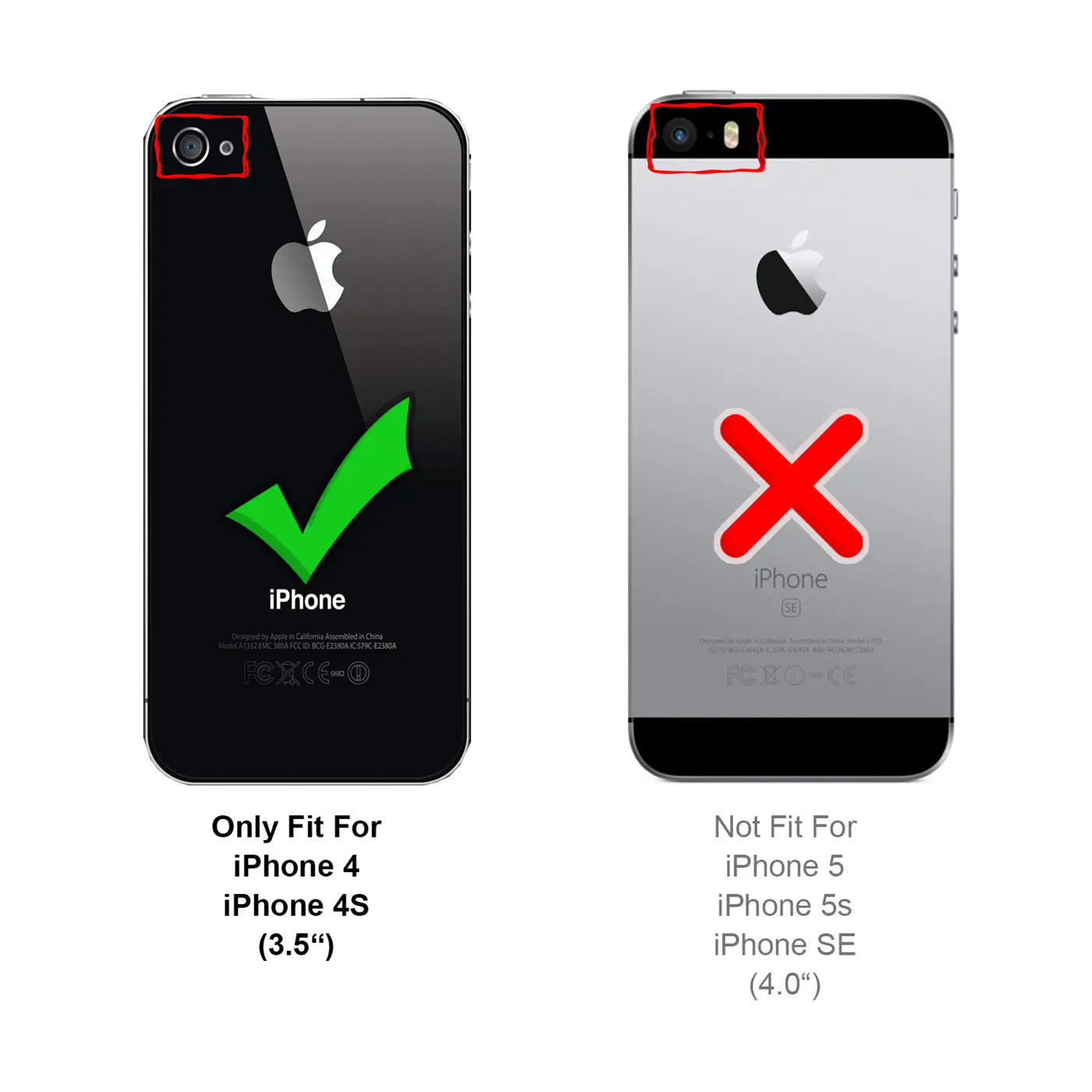 Rückseite eines schwarzen iPhone 4/4S mit grünem Haken und eines silbernen iPhone 5/5S/SE mit rotem X.