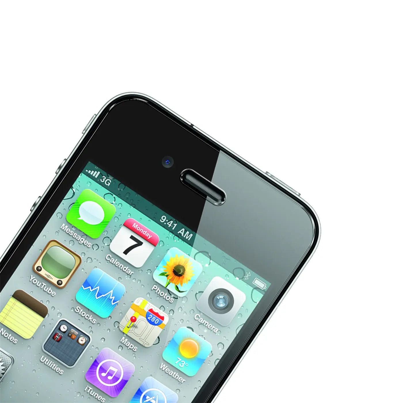 Schwarzes iPhone 4/4S Display mit bunten App-Icons und Wassertropfen, schräg von oben rechts fotografiert.