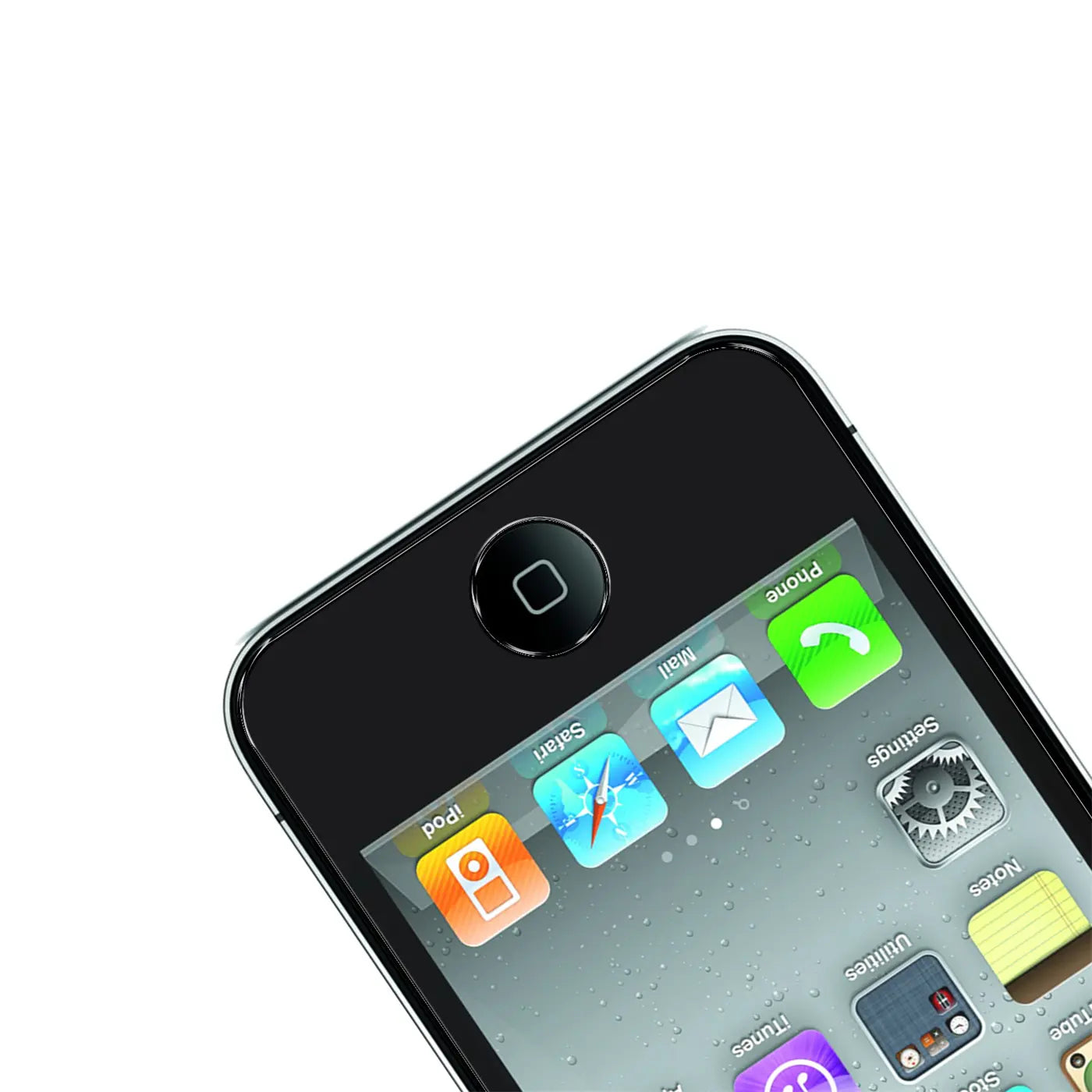 Schwarzes iPhone 4/4S Display mit Home-Button und App-Icons, schräg von oben rechts auf weißem Hintergrund.
