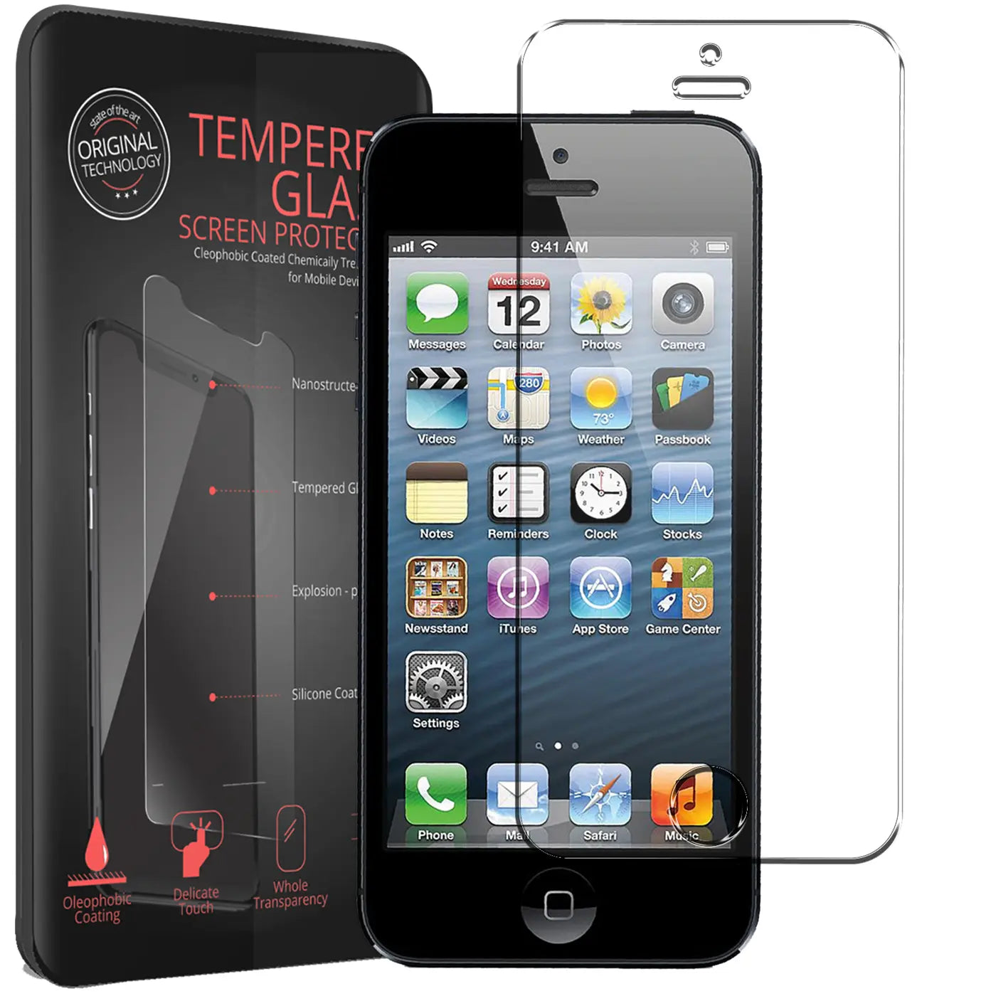 Schwarzes iPhone 5/5S/SE mit Display-Icons, davor ein transparentes Panzerglas, links die schwarze Verpackung.