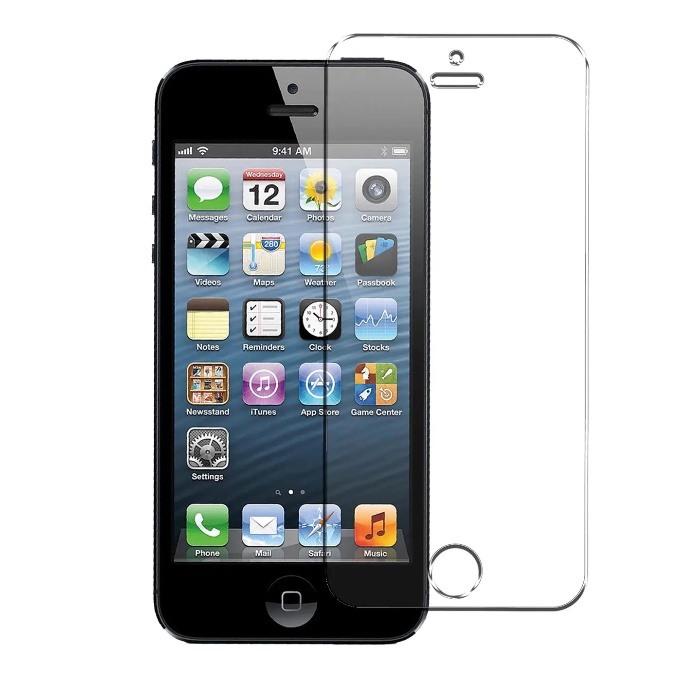 Schwarzes iPhone 5/5S/SE mit teilweisem, transparentem Panzerglas-Displayschutz und zweitem Schutz rechts daneben.