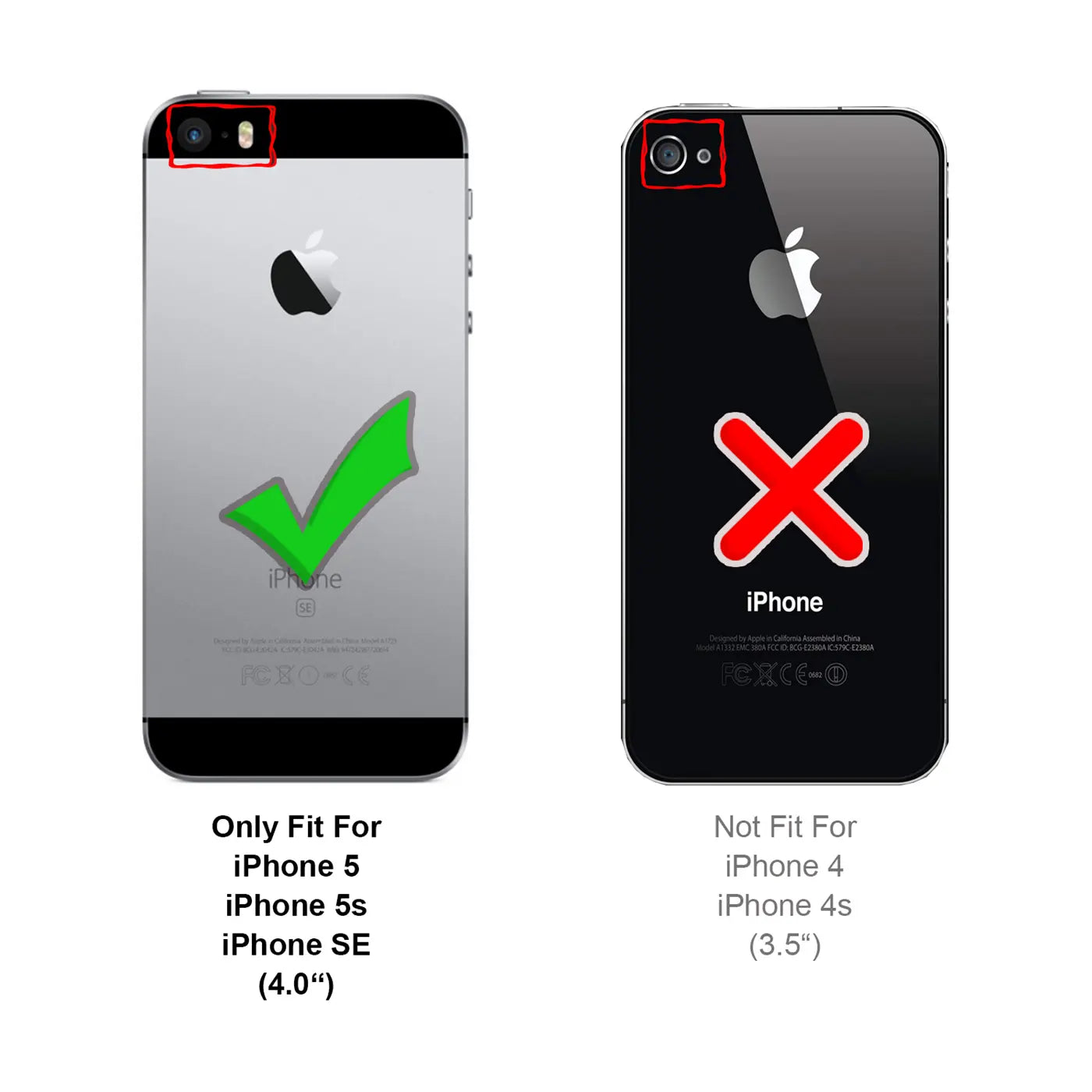 Rückseite eines silbernen iPhone 5/5S/SE mit grünem Haken und eines schwarzen iPhone 4/4S mit rotem X.