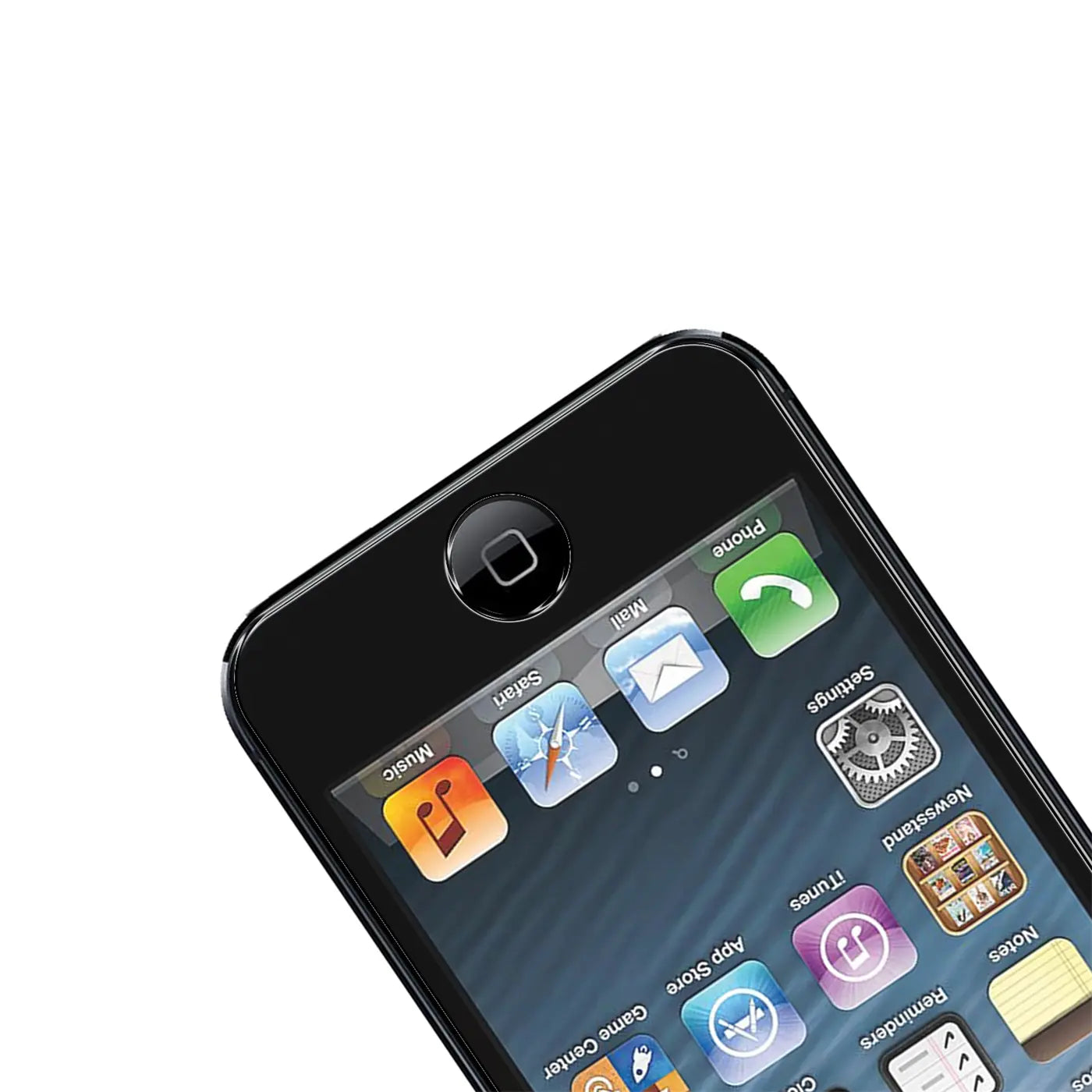 Nahaufnahme eines schwarzen iPhone 5/5S/SE mit Home-Button und Display mit App-Icons, schräg von oben.