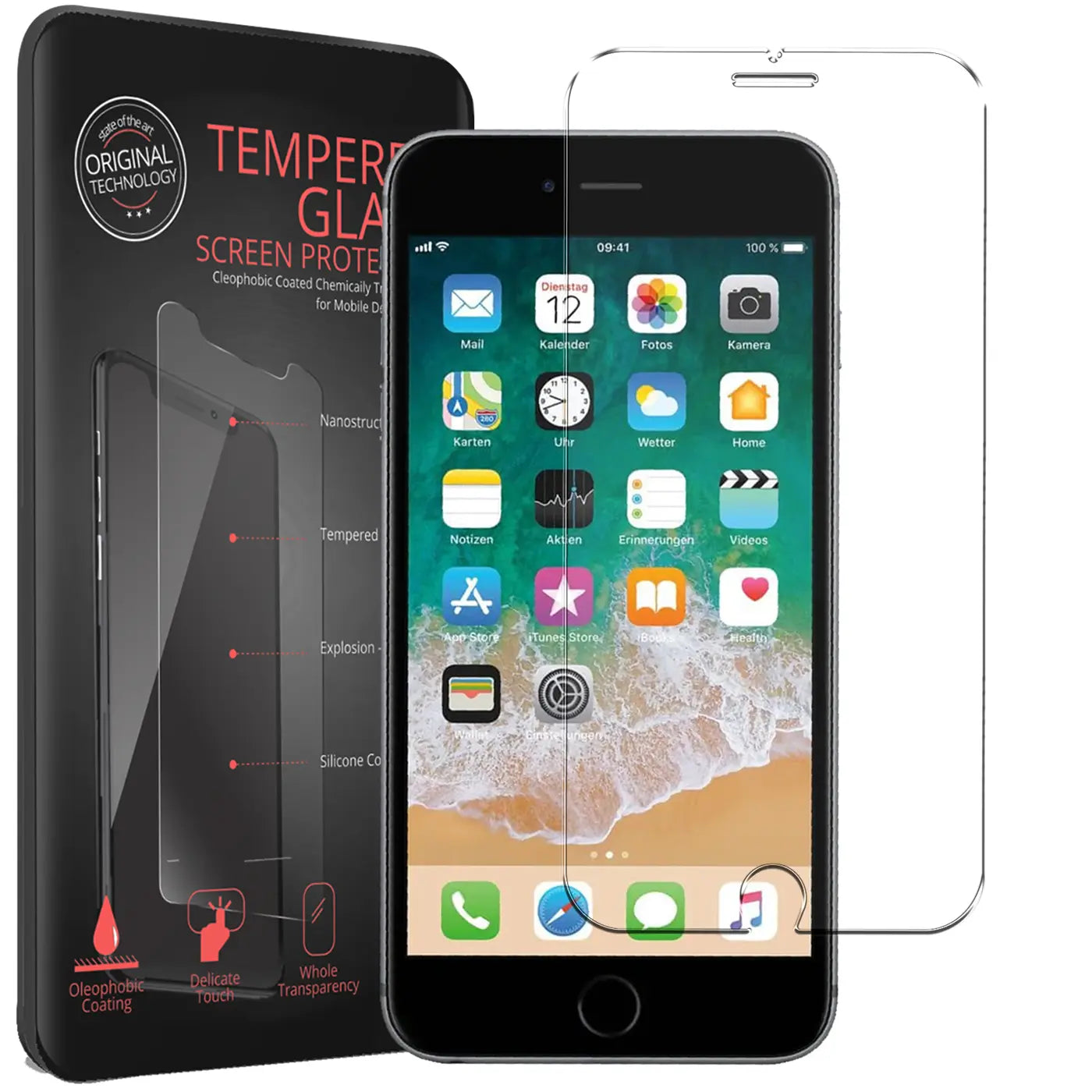 Schwarzes iPhone 6/6S mit Display-Schutzfolie aus Glas, daneben Verpackung und eine weitere Folie.