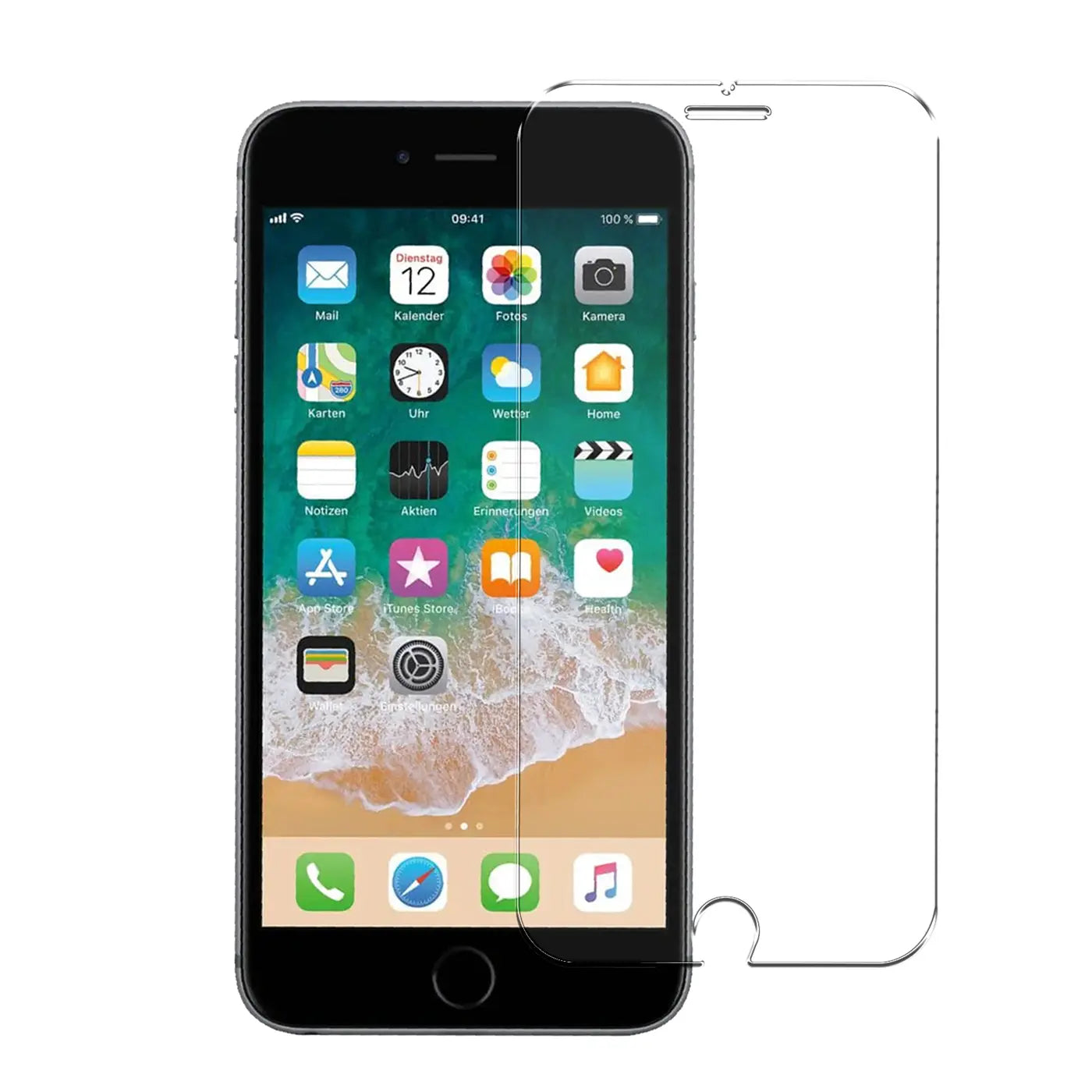 Schwarzes iPhone 6/6S von vorne mit teilweise angebrachtem, transparentem Panzerglas-Displayschutz. Eine zweite Folie liegt.