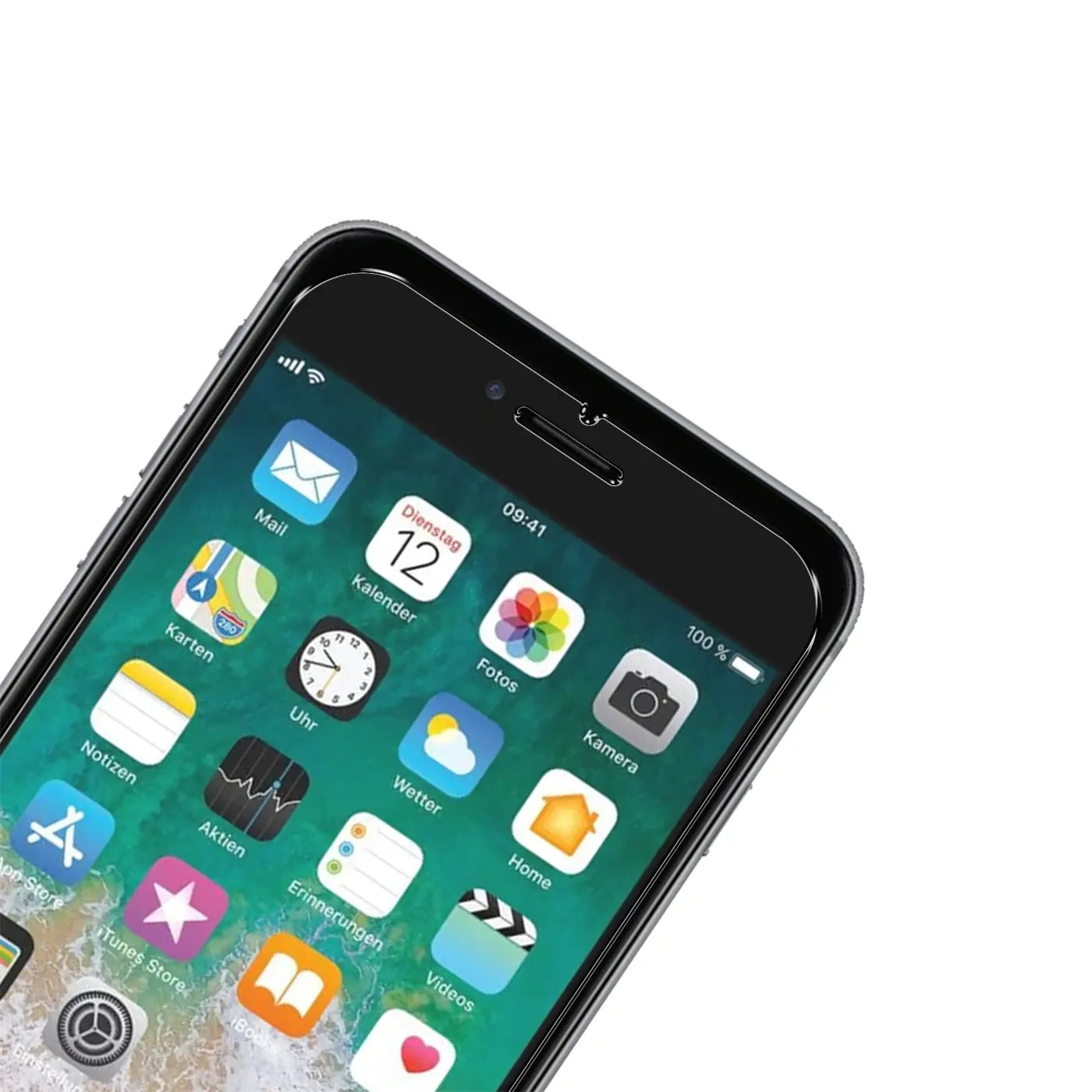 Schrägansicht eines schwarzen iPhone 6/6S mit Display und Apps, teilweise bedeckt von einem transparenten Panzerglas.