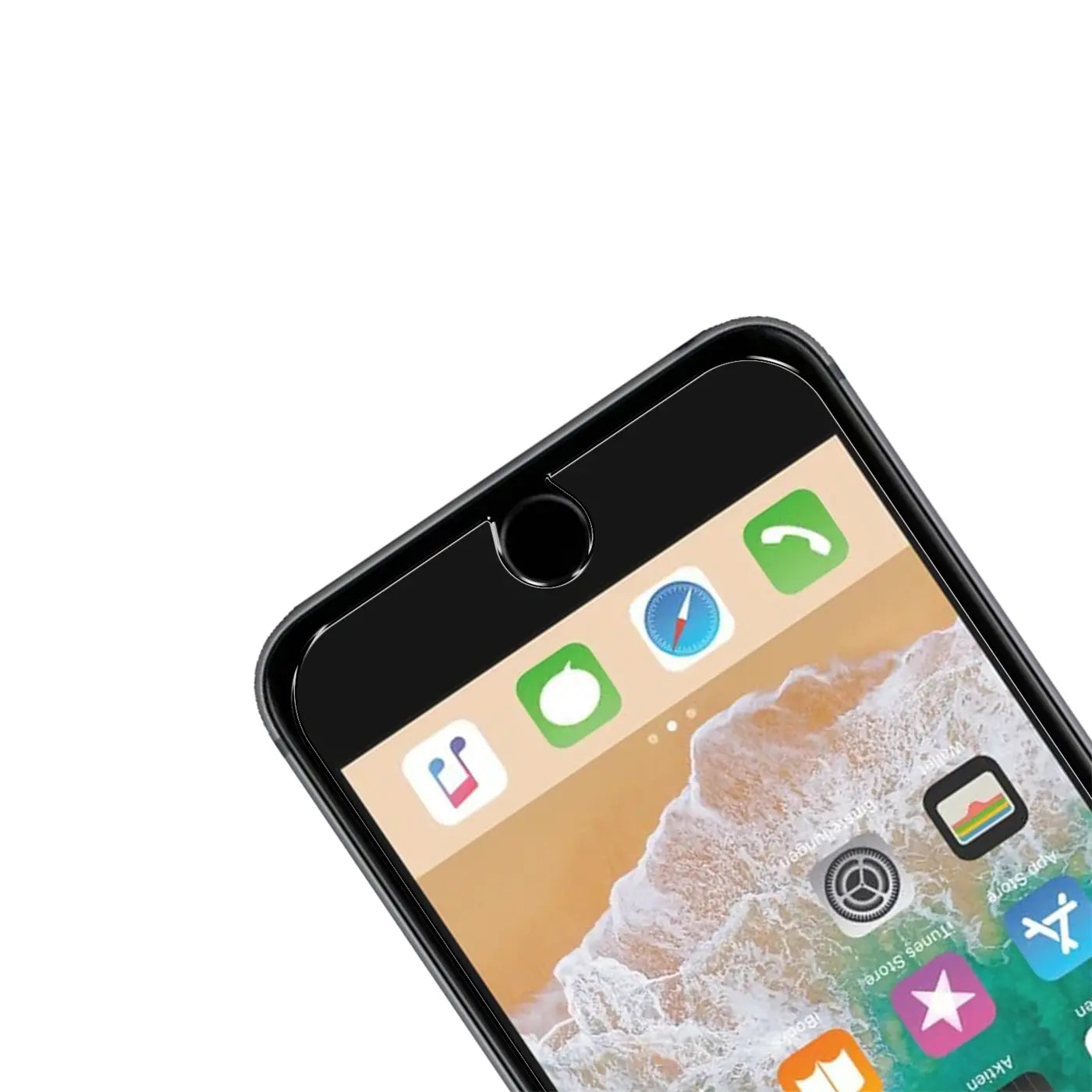 Schwarzes iPhone 6/6S mit Panzerglas-Displayschutz, schräg von oben rechts, zeigt obere linke Ecke des Bildschirms.