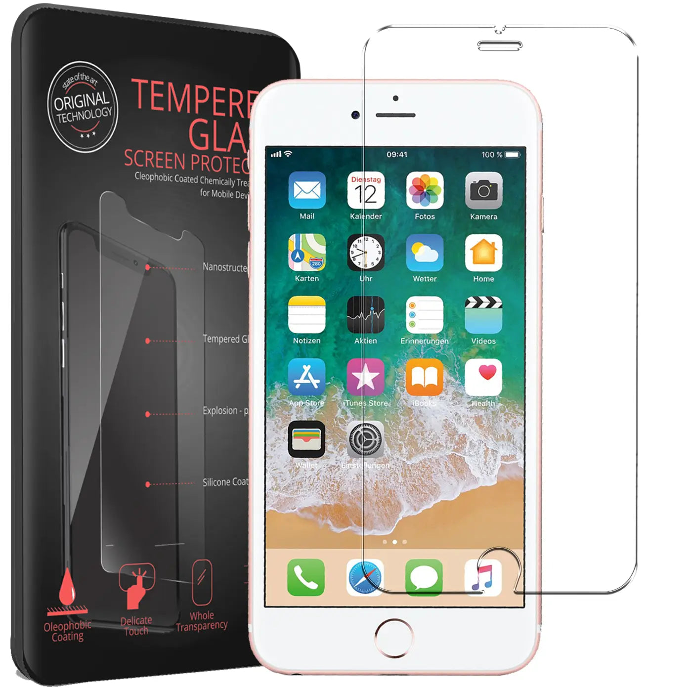 Schrägansicht: Roségoldenes iPhone 6s Plus mit aufgebrachtem Panzerglas und zweitem Glas daneben. Schwarze Verpackung links.