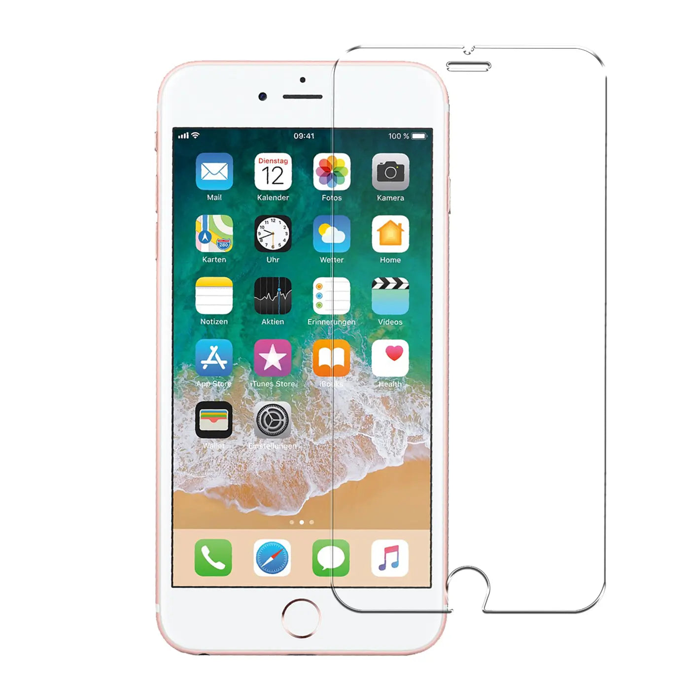 Frontansicht eines roségoldenen iPhone 6s Plus mit einem transparenten Panzerglas-Displayschutz daneben.