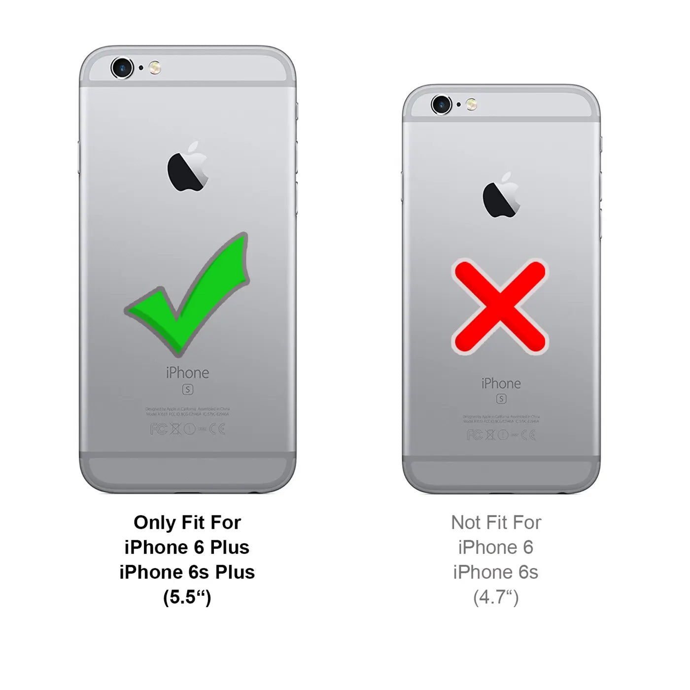 Rückansicht von zwei silbernen iPhones: links ein iPhone 6 Plus mit grünem Haken, rechts ein iPhone 6 mit rotem X.