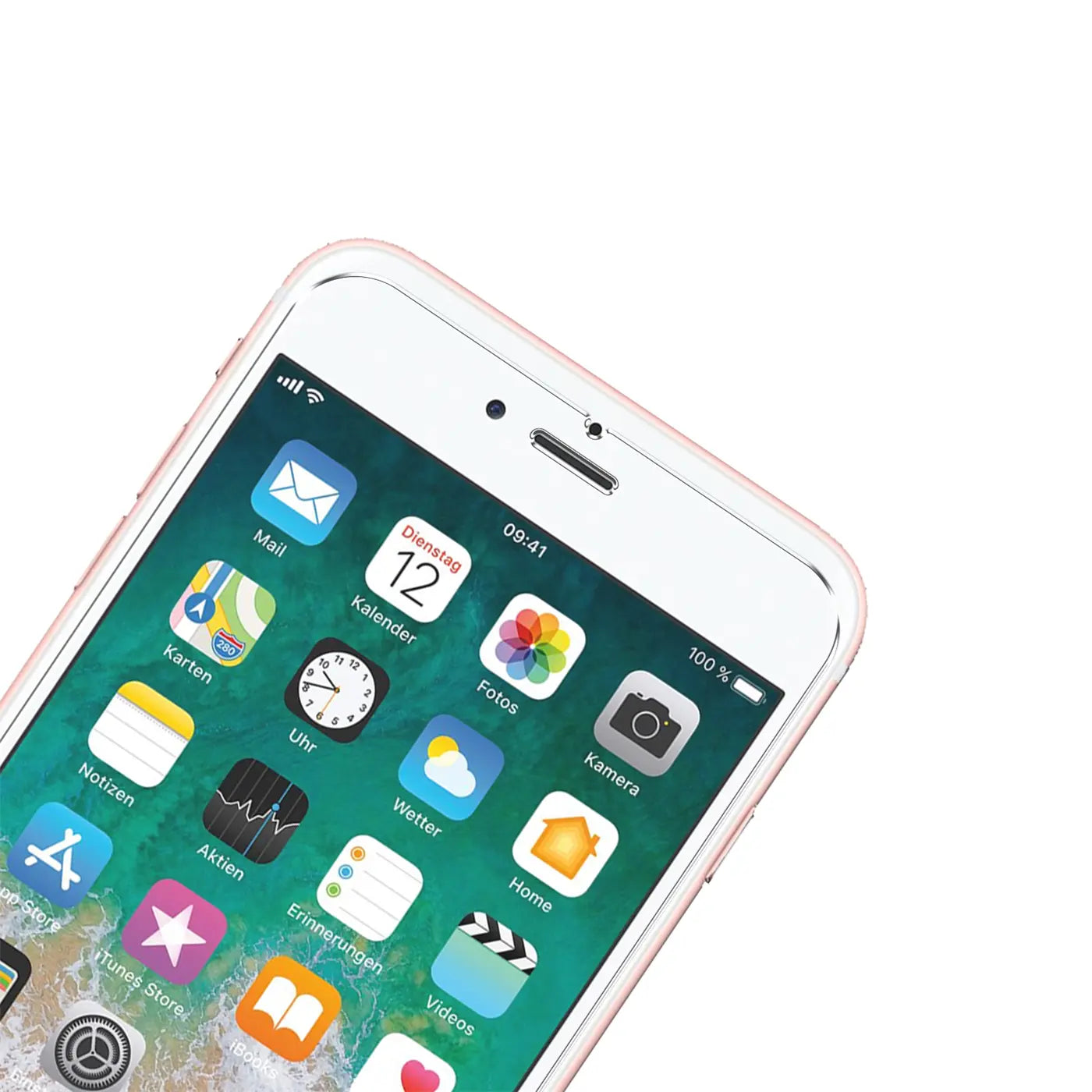 Nahaufnahme eines roségoldenen iPhone 6s Plus/6 Plus mit Display und Apps, von oben rechts schräg fotografiert.