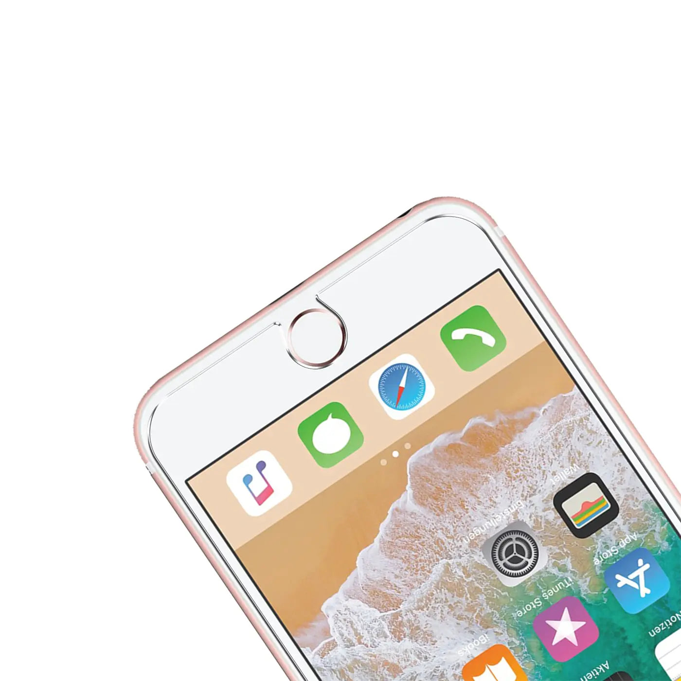 Nahaufnahme des oberen rechten Bereichs eines roségoldenen iPhone 6s Plus mit transparentem Panzerglas-Displayschutz.