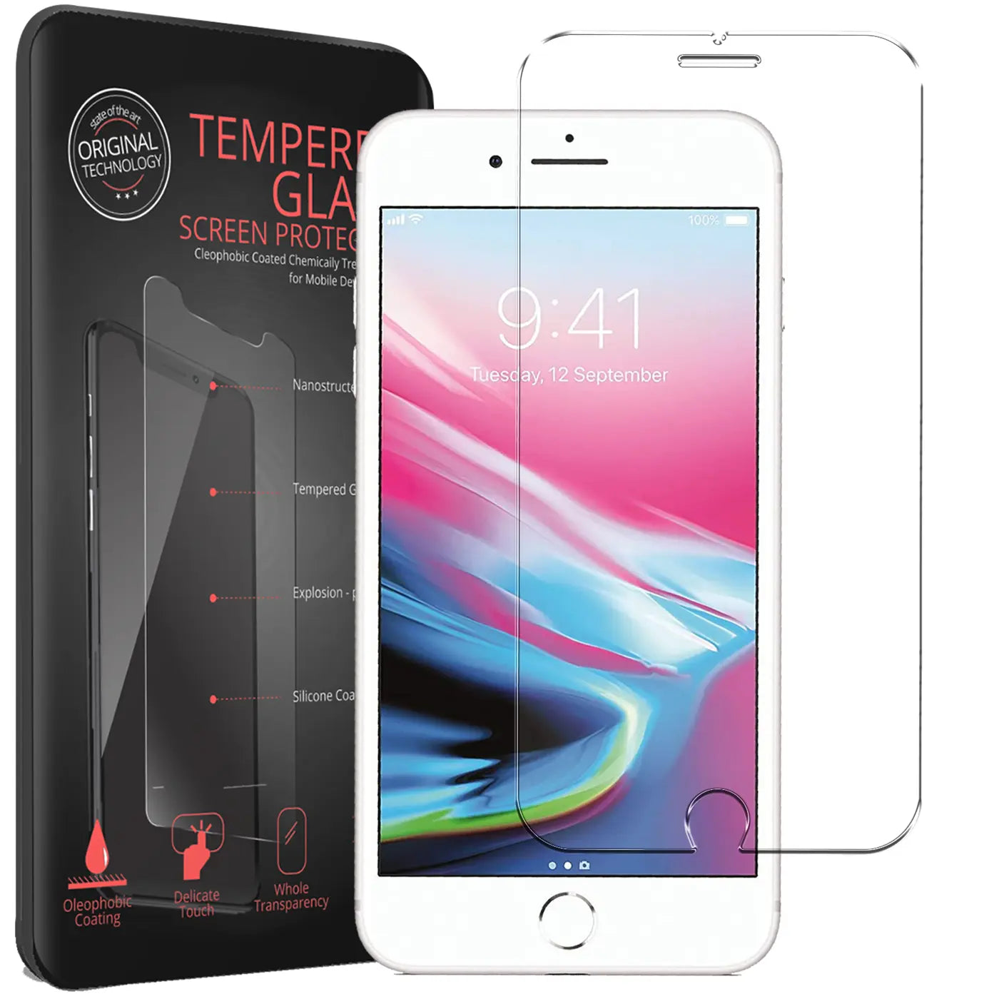 Schwarze Verpackung mit Panzerglas-Abbildung, daneben ein weißes iPhone mit aufgebrachtem Panzerglas und ein weiteres.