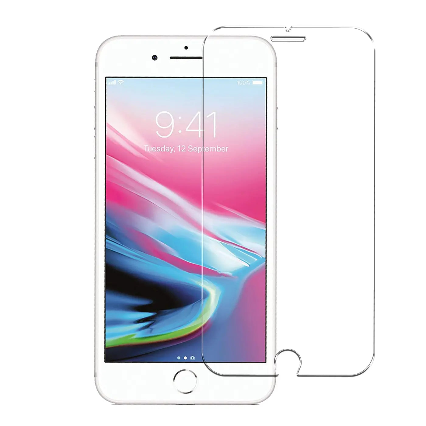 iPhone 8 in Weiß mit teilweisem, transparentem Panzerglas-Displayschutz von vorne, daneben ein zweites Glas.