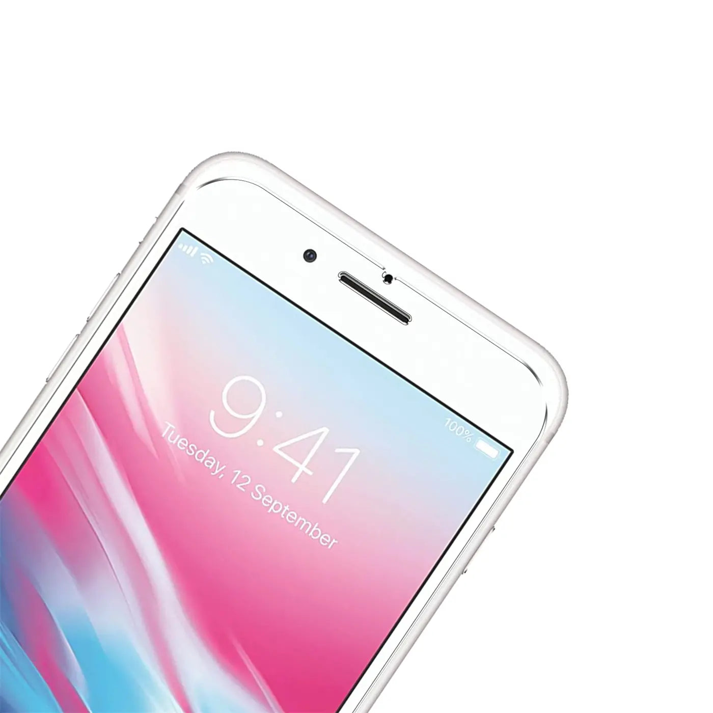 Oberer Bereich eines weißen iPhone 7/8/SE mit Displayschutzfolie aus Panzerglas, schräg von oben.