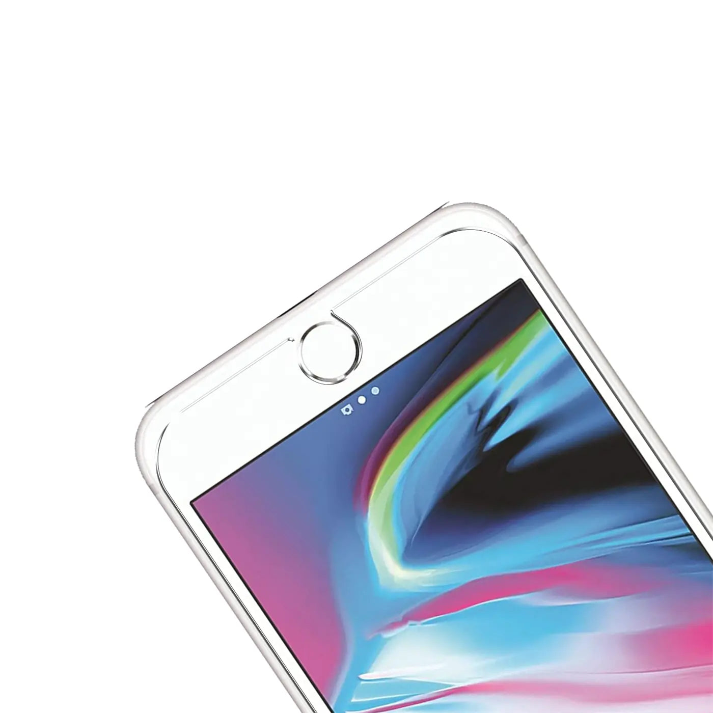 Oberer rechter Bereich eines iPhone 7/8/SE mit transparentem Panzerglas-Displayschutz, schräg von oben.