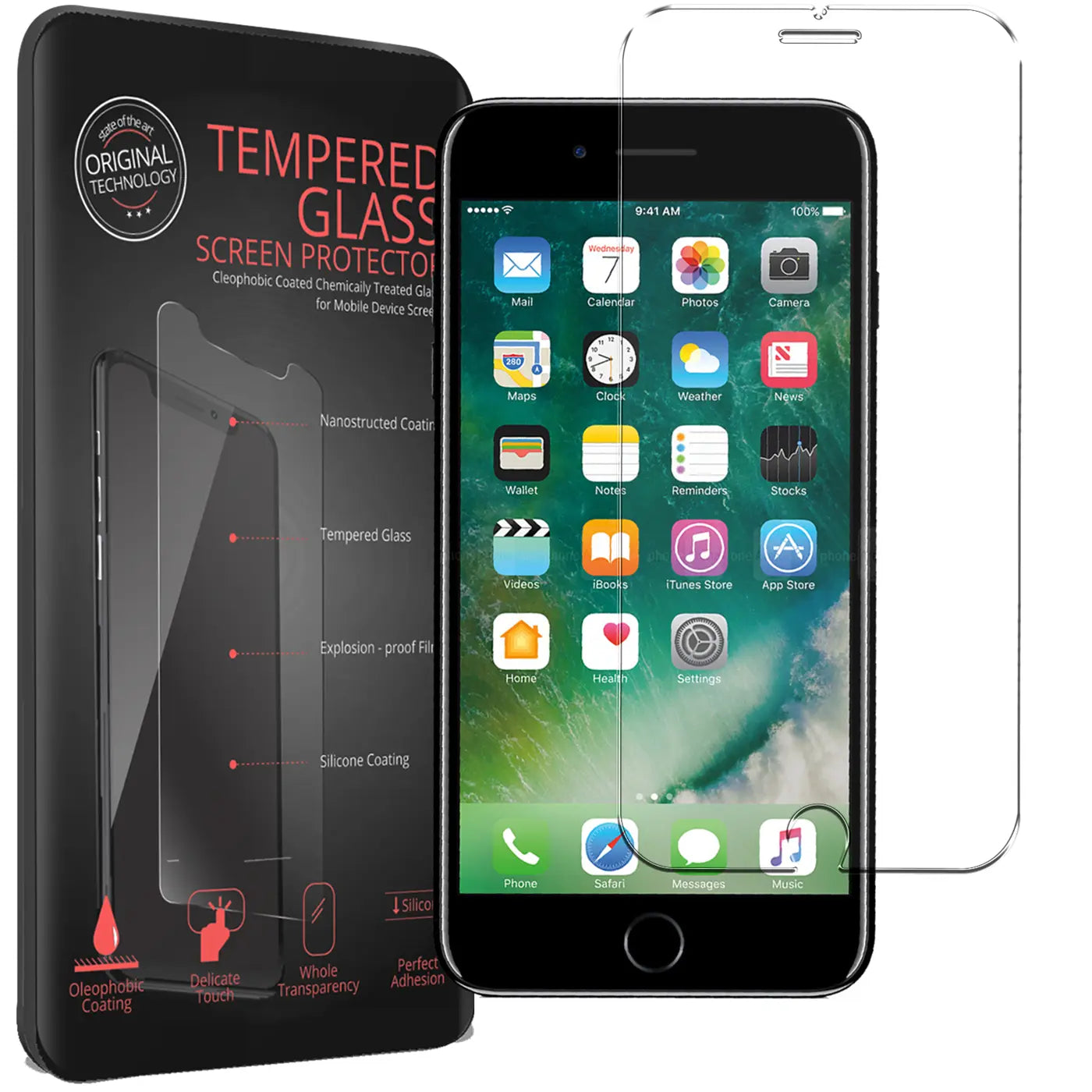 Schwarzes iPhone 7/8 Plus mit Displayschutzfolie, daneben eine weitere Folie und die schwarze Produktverpackung.