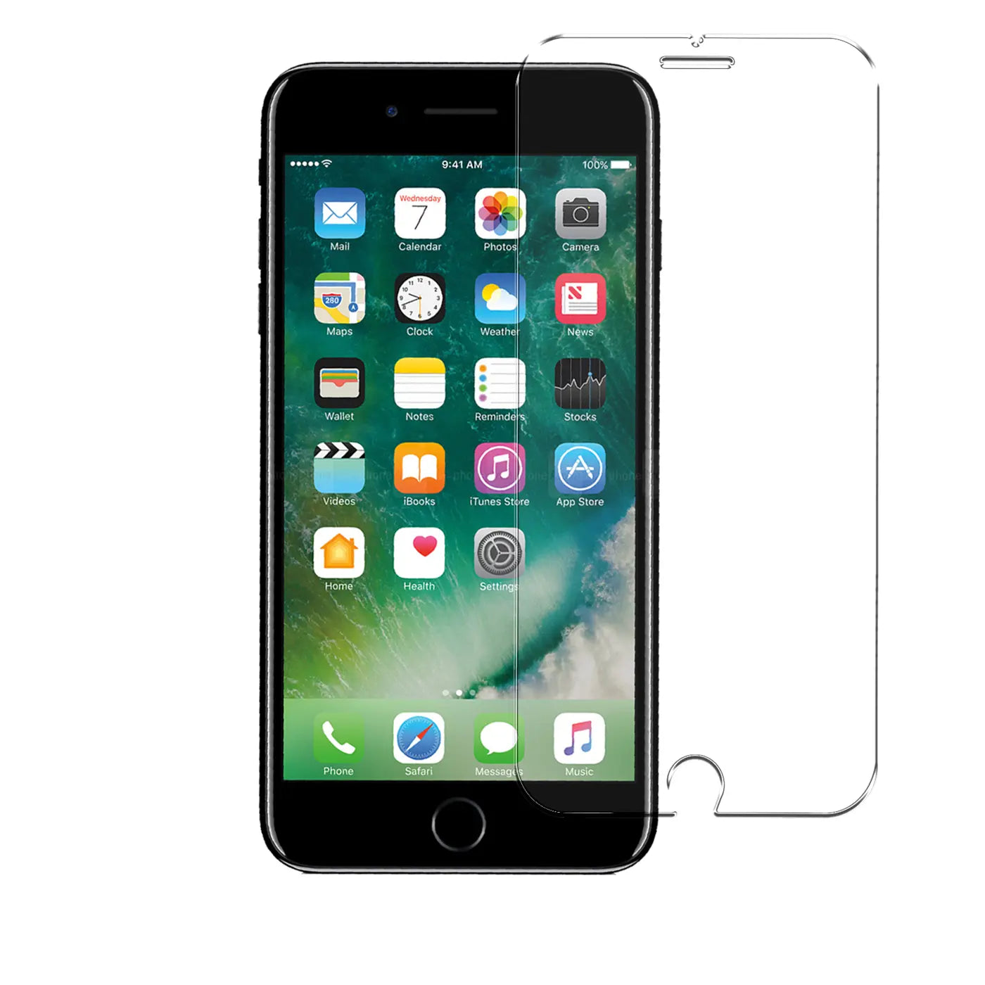 Schwarzes iPhone 7 Plus/8 Plus mit Display und daneben ein transparentes Panzerglas von vorne, leicht schräg.