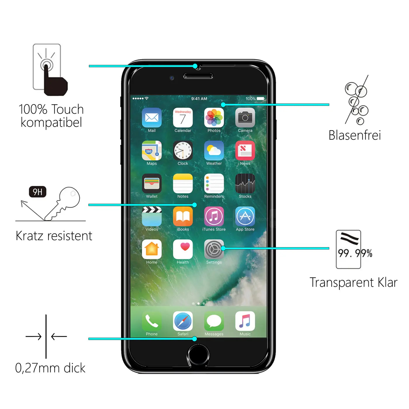 Schwarzes iPhone 7/8 Plus mit Displayschutzfolie, frontal, umgeben von Icons für Kratzfestigkeit, Klarheit und Dicke.