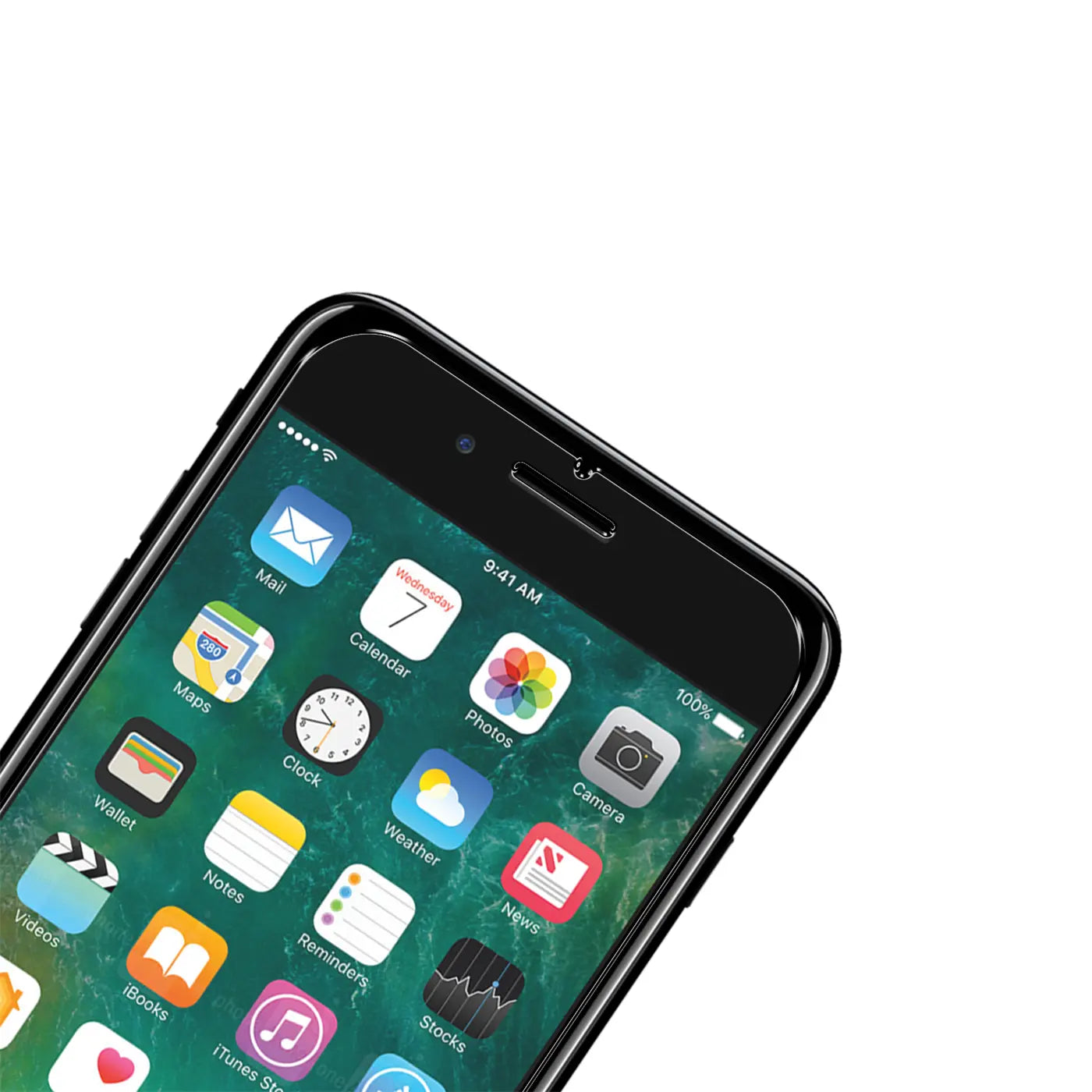 Schwarzes iPhone 7 Plus/8 Plus mit Displayschutzfolie aus Glas, schräg von oben rechts auf weißem Hintergrund.