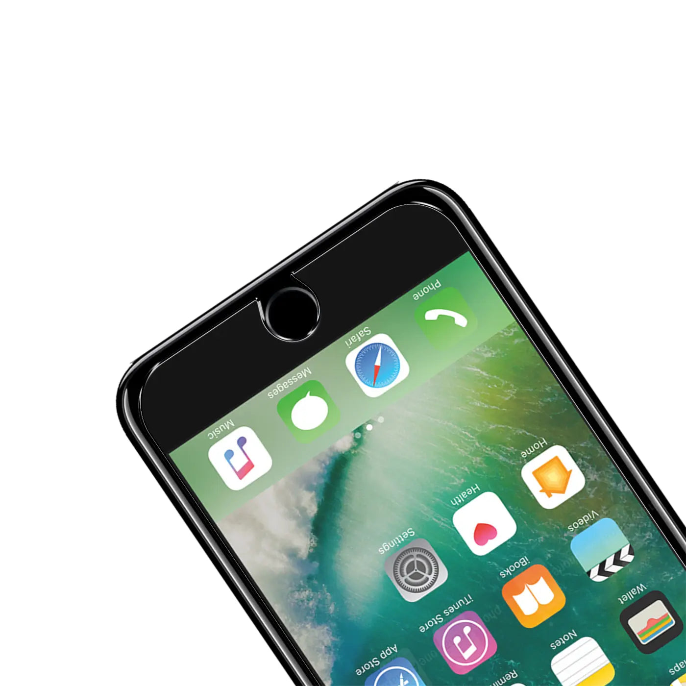 Schwarzes iPhone 7 Plus/8 Plus mit Panzerglas-Displayschutz, schräg von oben, mit sichtbaren App-Icons.