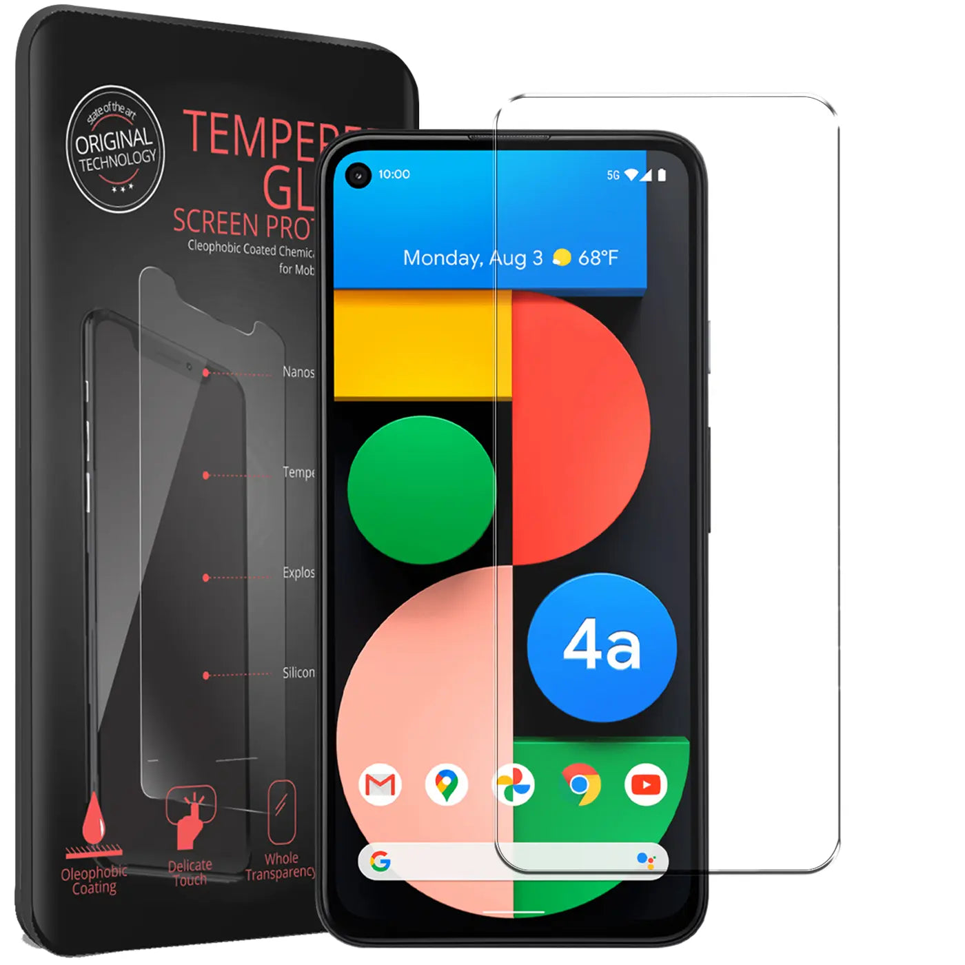 Schwarzes Google Pixel 4A 5G mit halb aufgelegtem, transparentem Panzerglas und schwarzer Verpackung, schräg von vorne.